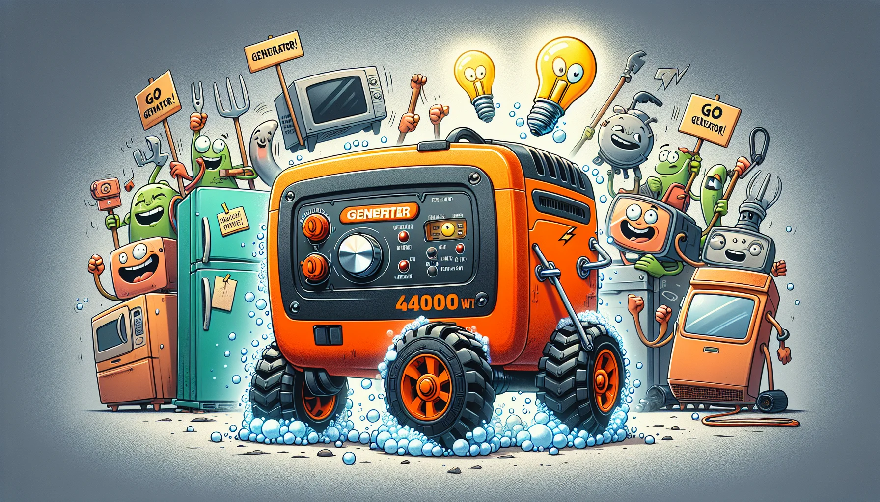 Picture a comical situation featuring a 4000 watt inverter generator. It's vibrant orange with rugged black wheels and a shiny silver handle. Bubbles are whirling around it, as though it's a person taking a bubble bath, and it's even wearing a bath cap. Behind it, a handful of household appliances are lined up eagerly: a refrigerator, a television, a light bulb, and a washing machine. These appliances are personified - they have cartoony eyes, hands and feet, and they're waving cheer signs with slogans like 'Go Generator!' and 'Power Up!'. They seem ecstatic about the idea of the generator producing electricity for them.