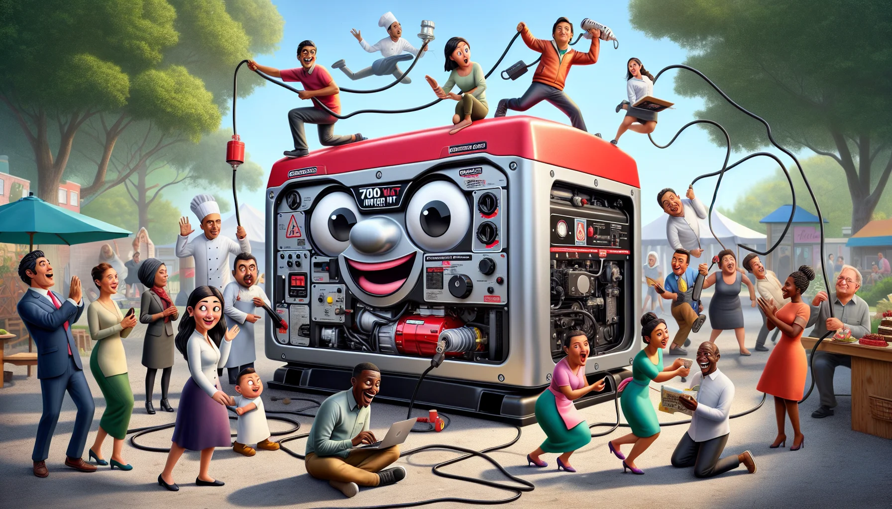 A large, robust 7000 watt inverter generator painted in bright red and silver colors, situated in the middle of a lively scene. The generator is animated with cartoon eyes and a broad smile, enticing people around it. To its left, a diverse group of people including a South Asian female engineer, a Black male office worker, and a Caucasian elderly woman are joyfully plugging in various electric appliances. To its right, a Middle-Eastern male chef and a Hispanic female dancer are fascinated by the electricity it's generating, adding a humorous twist to their activities. The background is a sunny park filled with trees, making a stark contrast with the high-tech generator.