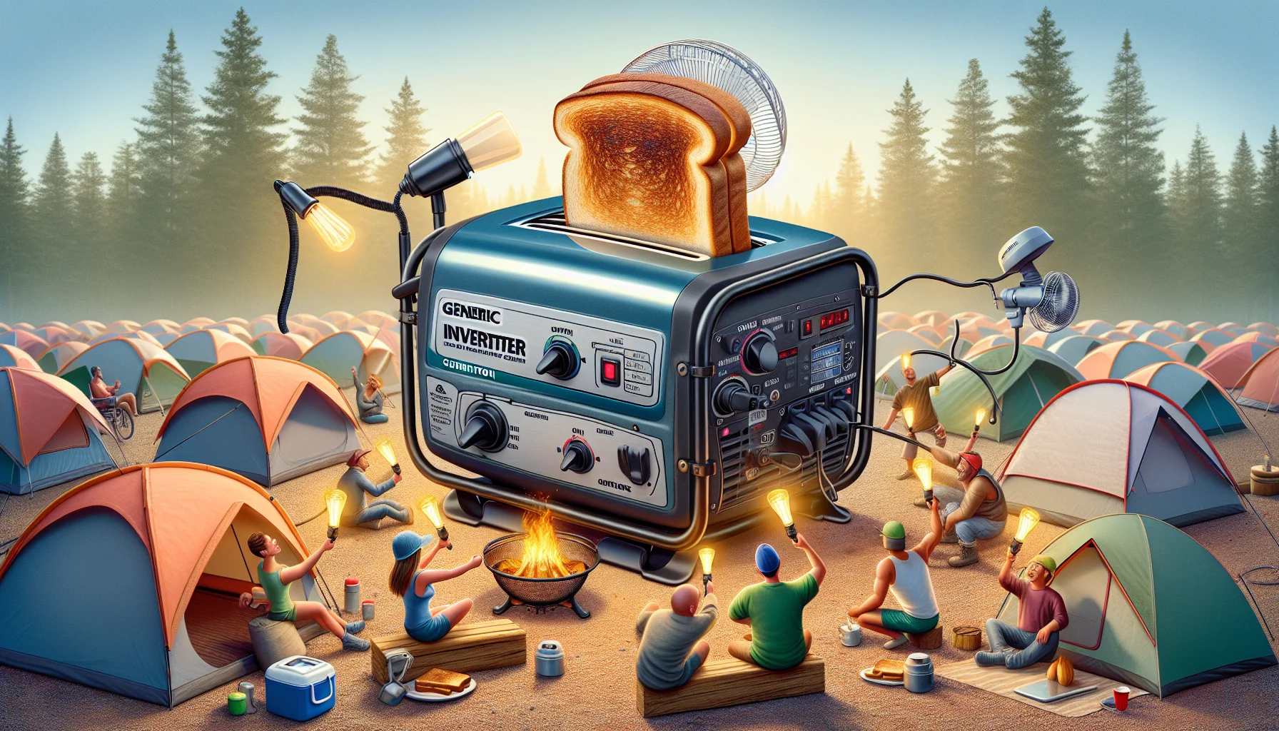 Generate a humorous and realistic scene of a generic dual fuel inverter generator. It's happily churning out electricity in a campsite setting with a plug-in toaster making toast and a plug-in electric fan blowing the toast scent across the area. Include people of diverse descents and genders who are around, drawn in by the aroma, and are entertained with the scenario. They are holding up their camping lamps to the generator in a cheeky toast, indicating their appreciation of the electricity it provides.