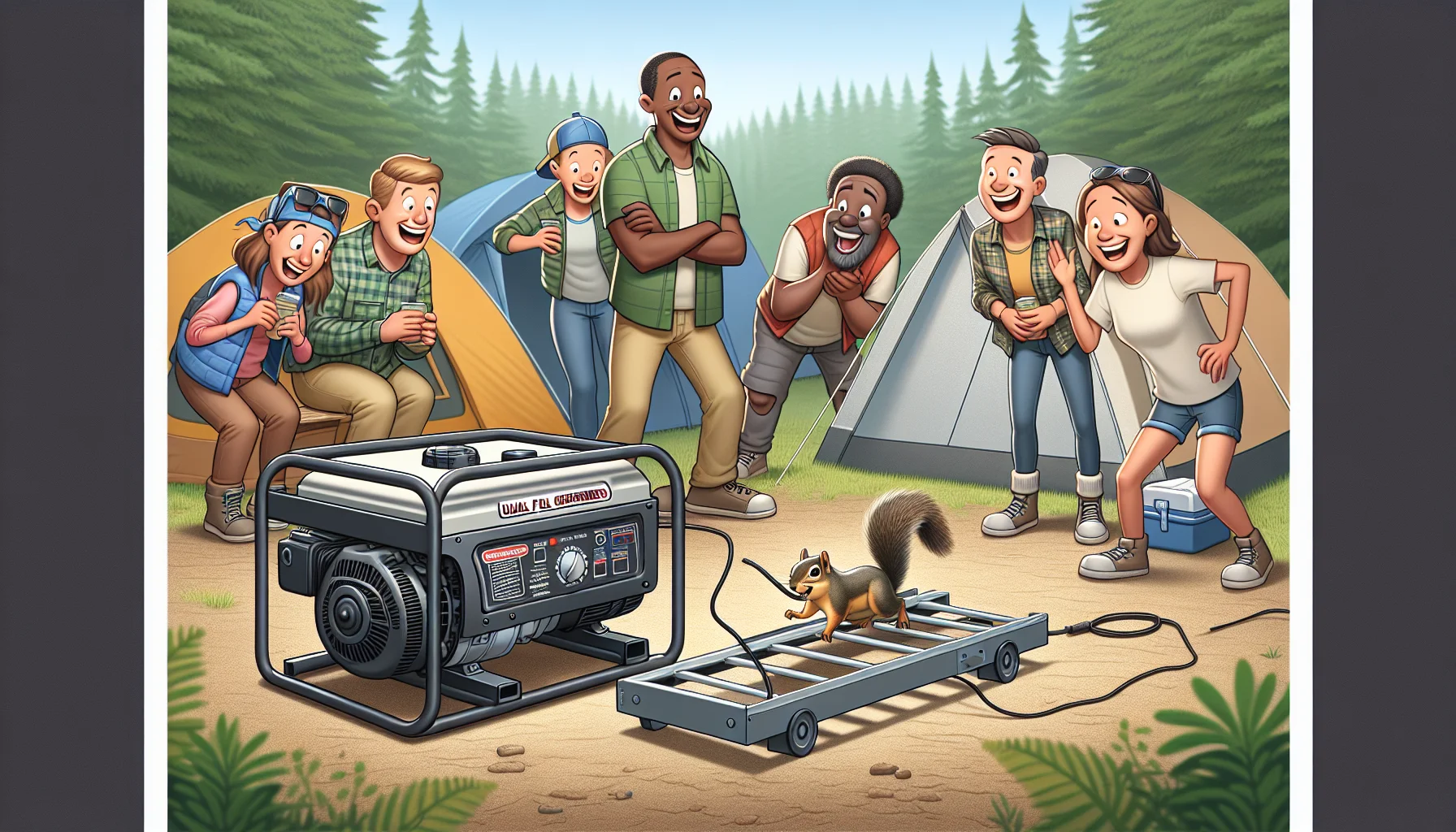 Illustrate a humorous and engaging scenario that encapsulates the use of dual fuel generators. Show a scene in a camping ground where diverse campers, including a Caucasian male, a Hispanic female, and a Black male, are cheerfully gathered around a pair of dual fuel generators. They are amused as they watch a squirrel attempting to run on top of one generator as if it's a treadmill to operate it, thereby 'generating electricity'. The setting is in daylight, and the generators resemble those typically used in outdoor recreational activities, sturdy and ready for operation.