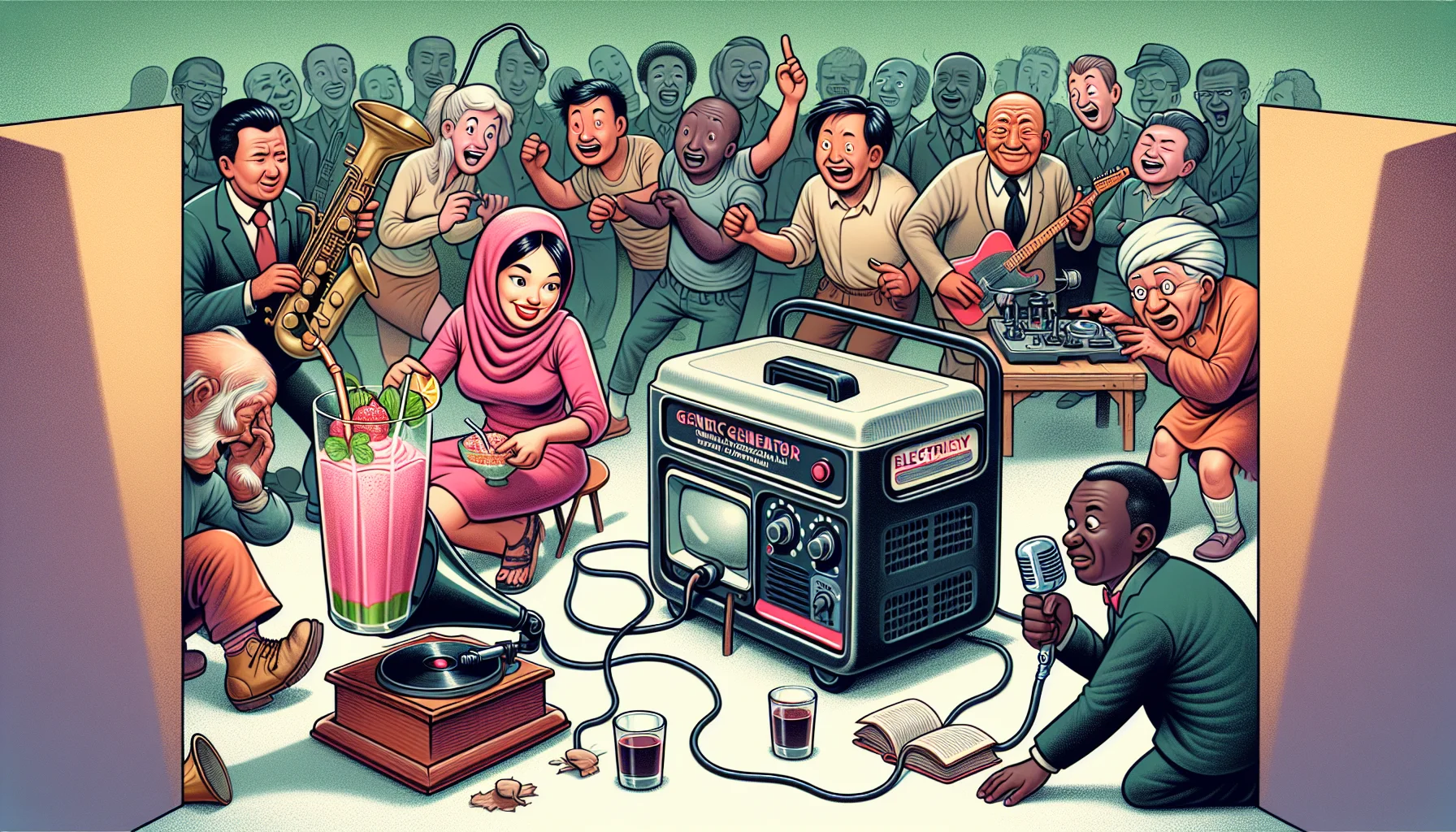 Illustrate a humorous scene that promotes electricity generation, where a generic portable generator is the center of attraction. In this scene, a diverse crowd of people are interacting with the generator. One individual of Asian descent has a bright idea and tries to run a television set, a middle-eastern woman is using it to power a giant blender making a huge smoothie, and an elderly black man finds it amusing to power his vintage gramophone. Others look on with a mixture of bemusement and surprise at these quirky applications of the portable generator.