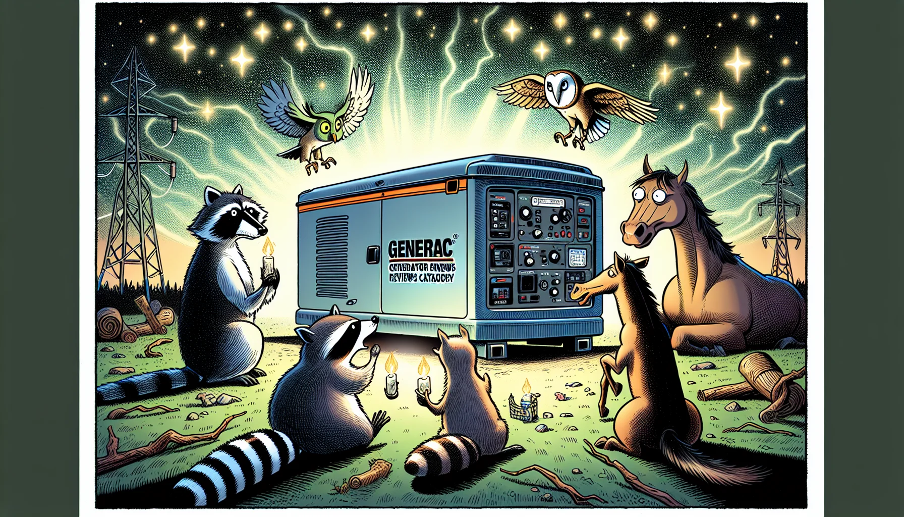 Imagine an offbeat scene concerning energy production: A comic panel portraying a light-hearted situation during a power outage, a large Generac generator sits at the center glowing with radiance. There are animal characters - a raccoon (signifying smartness), a horse (portraying power) and an owl (personifying wisdom) engaged in a playful conversation. They are humorously depicting the importance and efficiency of the generator in their own animal language. The words 'Generac Generator Reviews Category' are twinkling in bold above the generator. The environment brings to light the blend of technology with nature and the humor element makes it enticing.