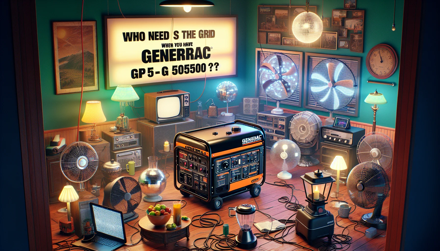 Render a comical, realistic scene involving a Generac GP5500 Portable Generator. The generator sits in the middle of a living room, powering an absurdly large number of various household gadgets such as multiple floor fans, a disco ball, large flat screen TV, blender, and even an antique standing lamp, all running at the same time. The room is aglow with twinkling lights from the electronics and basking in the oddly harmonious whir of the different devices. A catchy, bold caption that reads 'Who needs the grid when you have Generac GP5500?' floats above the scene.