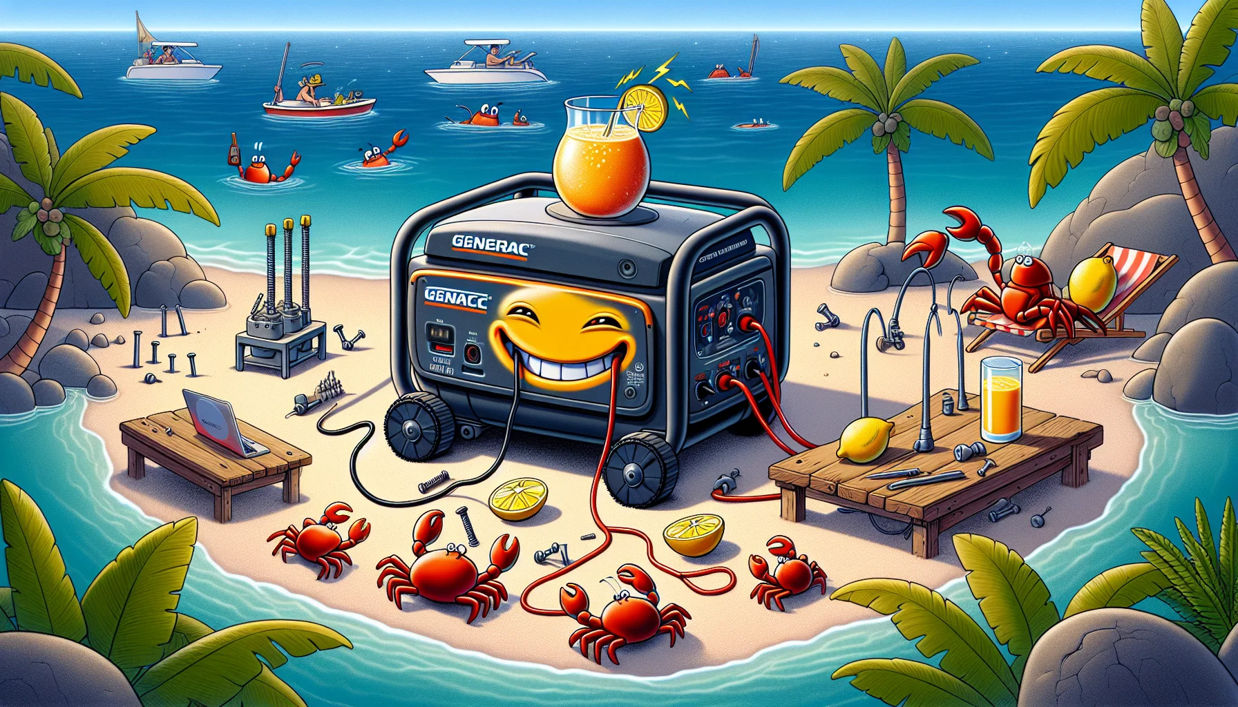 Design a humorous scene of a Generac propane generator in an unexpected situation. Perhaps it's situated on a tropical beach, churning out smoothies for a group of sunbathing robots. The generator appears satisfied, almost grinning, with a speech bubble reading 'Get juiced up with Generac!'. Around the area, some crabs are conducting electricity experiments using lemons, wires, and nails. In the distant sea, there is a pod of dolphins jumping with joy, seemingly rejoicing in the abundance of power. The playful scene presents a fun way to tout the power of a generator while bringing a smile to the viewer's face.