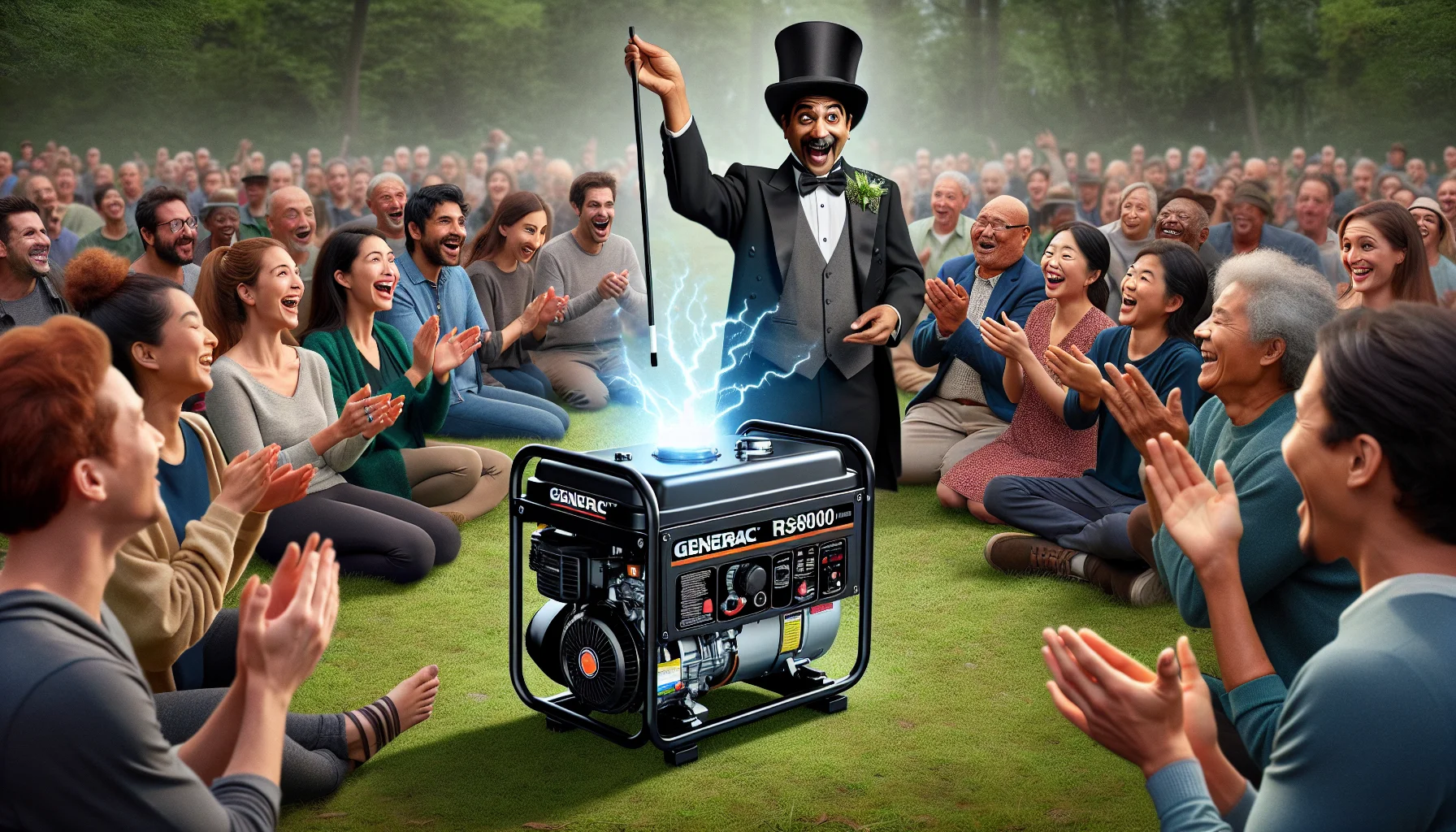 Generate a detailed, realistic image of a Generac RS8000E Generator in a humorous situation. The generator is in the middle of a grassy park dressed up like a magician with a top hat and a wand, pretending to cast a spell. It's surrounded by a mixed audience: a South Asian woman, a Caucasian man, a Black boy, and a Hispanic elderly man, all laughing and clapping enthusiastically. Their faces express amazement as they witness the 'magic' trick, which is the generator's ability to produce electricity, symbolized by cartoon-style lightning bolts emanating from it.
