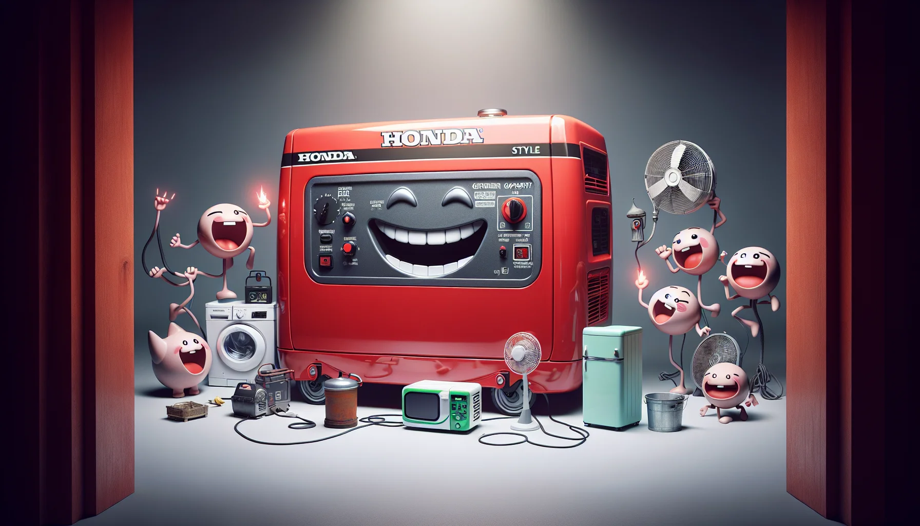 Imagine an amusing scenario where a Honda-style power generator is the main participant. In this eccentric tableau, the generator - painted in bright red with neat, white lettering indicating its height, weight, and capacity - is anthropomorphised, showcasing a broad grin on its metallic facade. This generator is surrounded by other household appliances like a cheerfully lit fridge, a bouncing washing machine, and a cool-looked fan, all of them elated with glee, as if enjoying a party fueled by the power supplied by the generator. This humorous vision captures the delight that comes with reliable electricity generation.