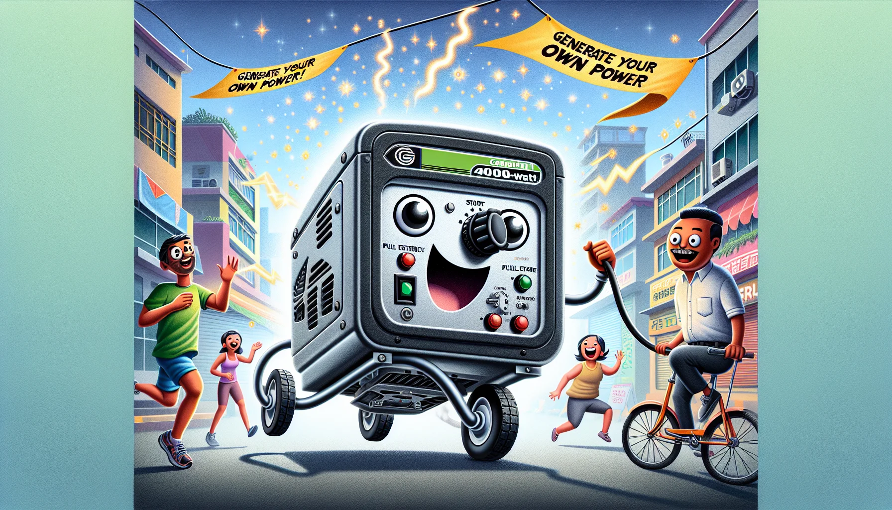 Create a highly detailed and humorous image of a mid-sized, rectangular 4000-watt generator playfully personified. Its control panel has face-like features, with knobs acting as eyes, the pull start as a quirky nose, and an exhaust outlet as its open mouth from where sparkles, signifying electricity, are bursting out. The generator is having a spirited zig-zag dance in a clean urban neighborhood. Excited onlookers—a Caucasian female jogger, a Middle-Eastern male postman, and a South Asian kid on a bicycle—are laughing and clapping. Banners that say 'Generate Your Own Power!' are fluttering in the background sky.