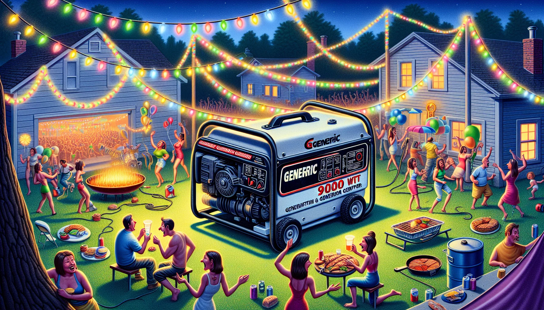 Create a detailed and realistic image showcasing a powerful, generic 9000-watt generator in a humorous scene. Emphasize the significance of generating electricity. Perhaps, show the generator powering a celebratory backyard party. Visual hint: festive, colorful lights strung from trees and houses, people laughing and enjoying music, delicious food being cooked using electric grills, but everything is all coming from this one large generator. The humor could come from the exaggeration of everything that is powered by the generator, including perhaps a mini carnival ride or a band with oversized electric guitars.