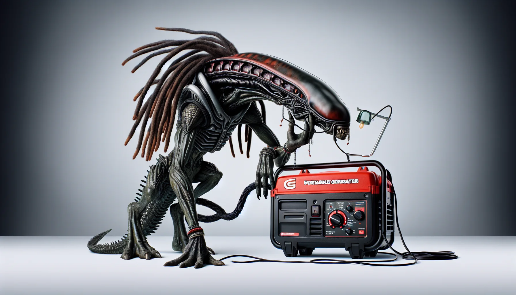 Visualize a humorous scenario where a humanoid alien creature, having distinct features like dreadlock-like hair tendrils, large mandibles and thermal vision, is bemused and perplexed by a nondescript portable generator. The creature, often known for its hunting prowess in popular culture, now seems baffled by the simple task of generating electricity. The portable generator carrying the insignia of a red capital 'H', serves as a stark contrast to the creature's high-tech arsenal. Let it be an interesting juxtaposition of old and new, simple and complex, enticing human viewers to think about electricity generation.