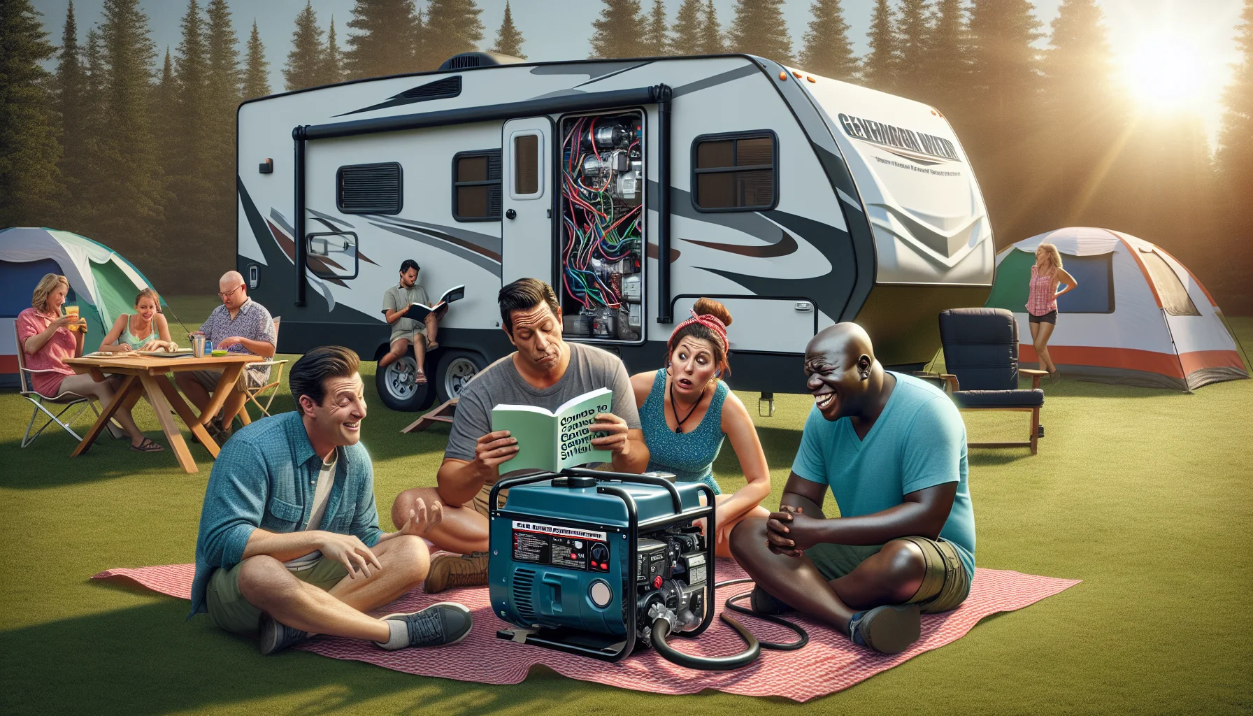 Imagine a lighthearted and slightly comical scene unfolding in a summer campground. A group of three friends with diverse backgrounds: a Caucasian man, a Hispanic woman, and a Black man are huddled together, busily studying a guidebook about 'How to use RV Generator Transfer Switch.' Amidst them sits a huge RV generator transfer switch, almost comically large, situated next to their tiny caravan. Their facial expressions exhibit amusement and bewilderment. The sun is shining brightly, and there are other campers in the background going about their activities, blissfully unaware of the spectacle. The image portrays an underlining notion of enticing people to generate electricity.