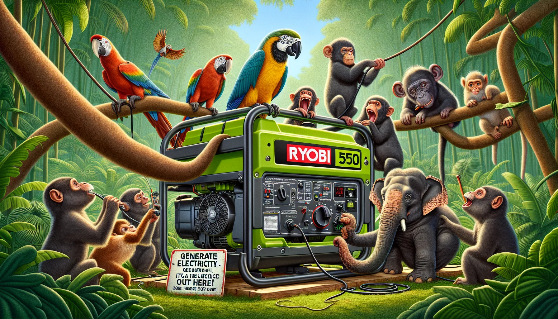 Create an image of a Ryobi 5500 Generator humorously being operated by a group of enthusiastic animals like monkeys, elephants and parrots in a lush, green forest. The animals seem to be having a blast, operating the machine with teamwork. Including details like the parrots perched on the generator, monkeys fiddling with the dials and an elephant attempting to start the machine with its trunk. There's a sign nearby that reads 'Generate electricity - it's a jungle out here!' The image should be colourful, lively and inspire a sense of fun bringing electricity to life in unusual circumstances.