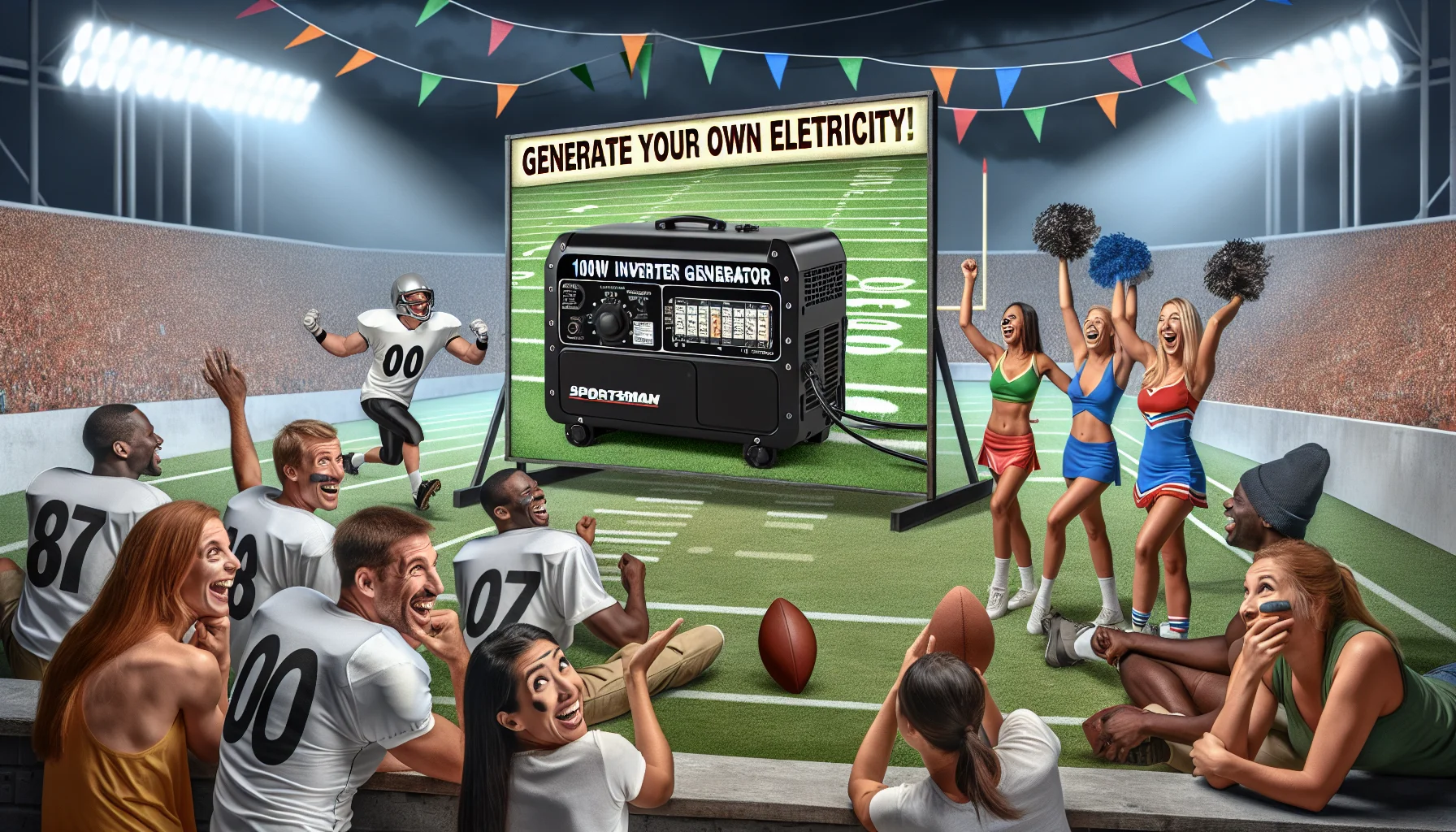Imagine a humorous scenario displaying a 1000W inverter generator at a sports event. Picture a large, black 1000W Sportsman inverter generator on a football field, powering a large electronic scoreboard. Below, a gathering of Caucasian and Hispanic football players, male and female, laugh as they attempt to play a game by the flickering scoreboard light. Meanwhile, a Middle-eastern and Black woman act as cheerleaders, enthusiastically promoting the power of the generator across the stadium. The scene includes a colorful banner overhead reading 'Generate your own electricity!'