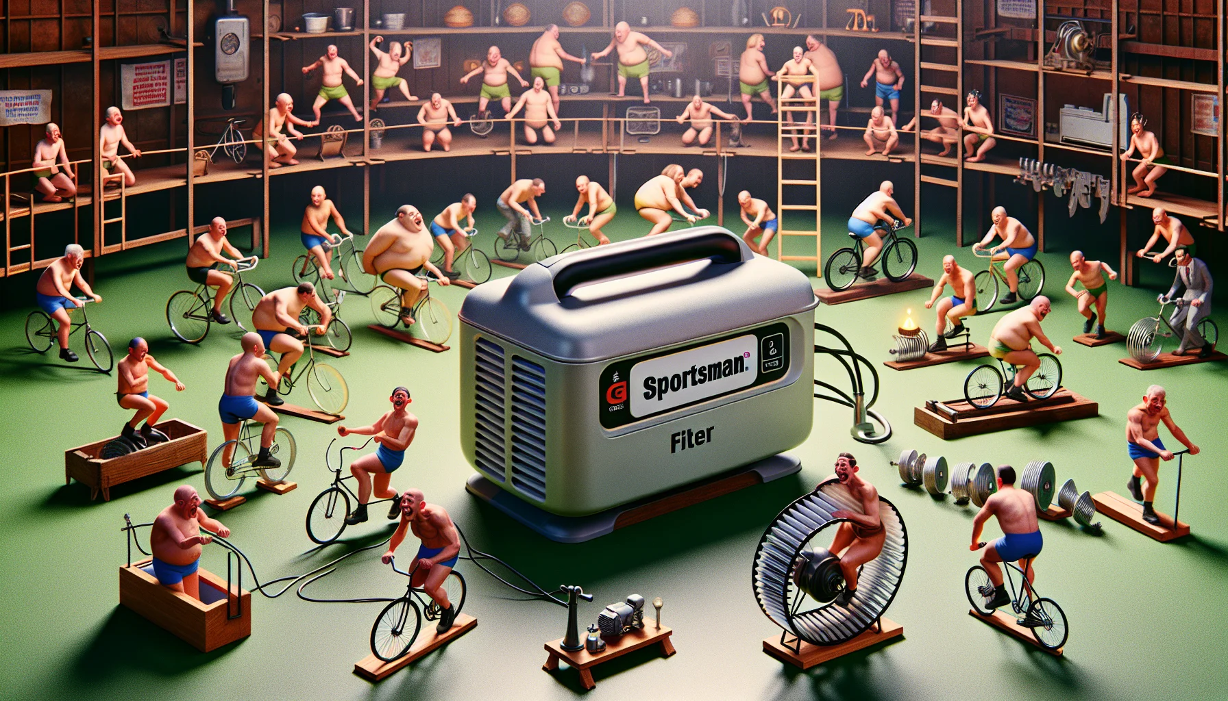 Create a humorous and realistic image featuring a Sportsman Generator's filter. The scene depicts a playful scenario where a group of randomly selected individuals from various descents and genders are trying to generate electricity. They’re doing all manner of silly things, like running on hamster wheels, bicycling like crazy, and even turning hand-cranked dynamos, all trying to power a tiny light bulb. The generator filter stands proudly in the center, viewed as the hero of the scene, proving it’s much easier, efficient and reliable for generating electricity. The atmosphere is fun-filled with everyone laughing and enjoying the absurdity.