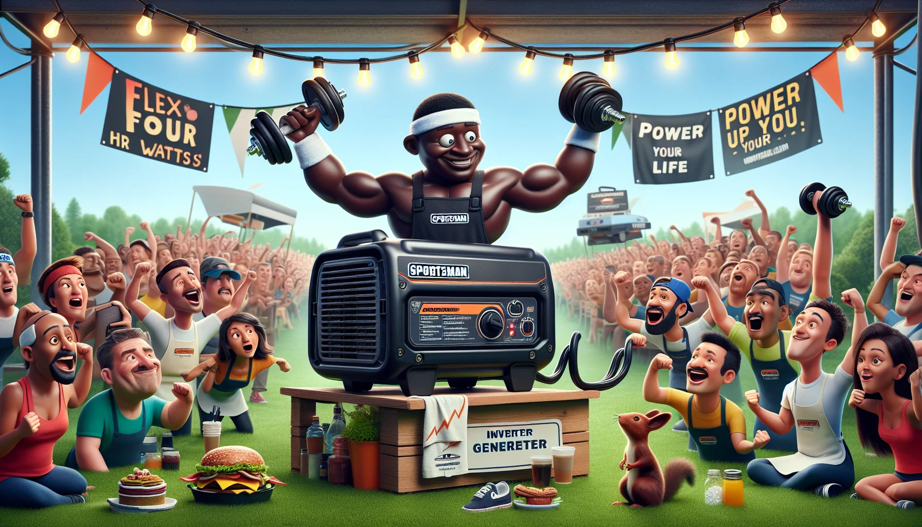 An amusing, surreal scenario unfolds. A sportsman inverter generator is personified, donned in an athletic headband and lifting dumbbells, as a display of its 'power'. It is located in a lush, green park surrounded by diverse cheering onlookers. A black male food truck operator and a Hispanic female barista, both wearing aprons, give the inverter generator an enthusiastic thumbs-up in approval. Their stands, glowing with lights, indicate the electricity generated by this sportsman inverter generator. Banners overhead display punny slogans like 'Flex Your Watts' and 'Power Up Your Life', adding a playful element. Animals like squirrels and birds appear intrigued.