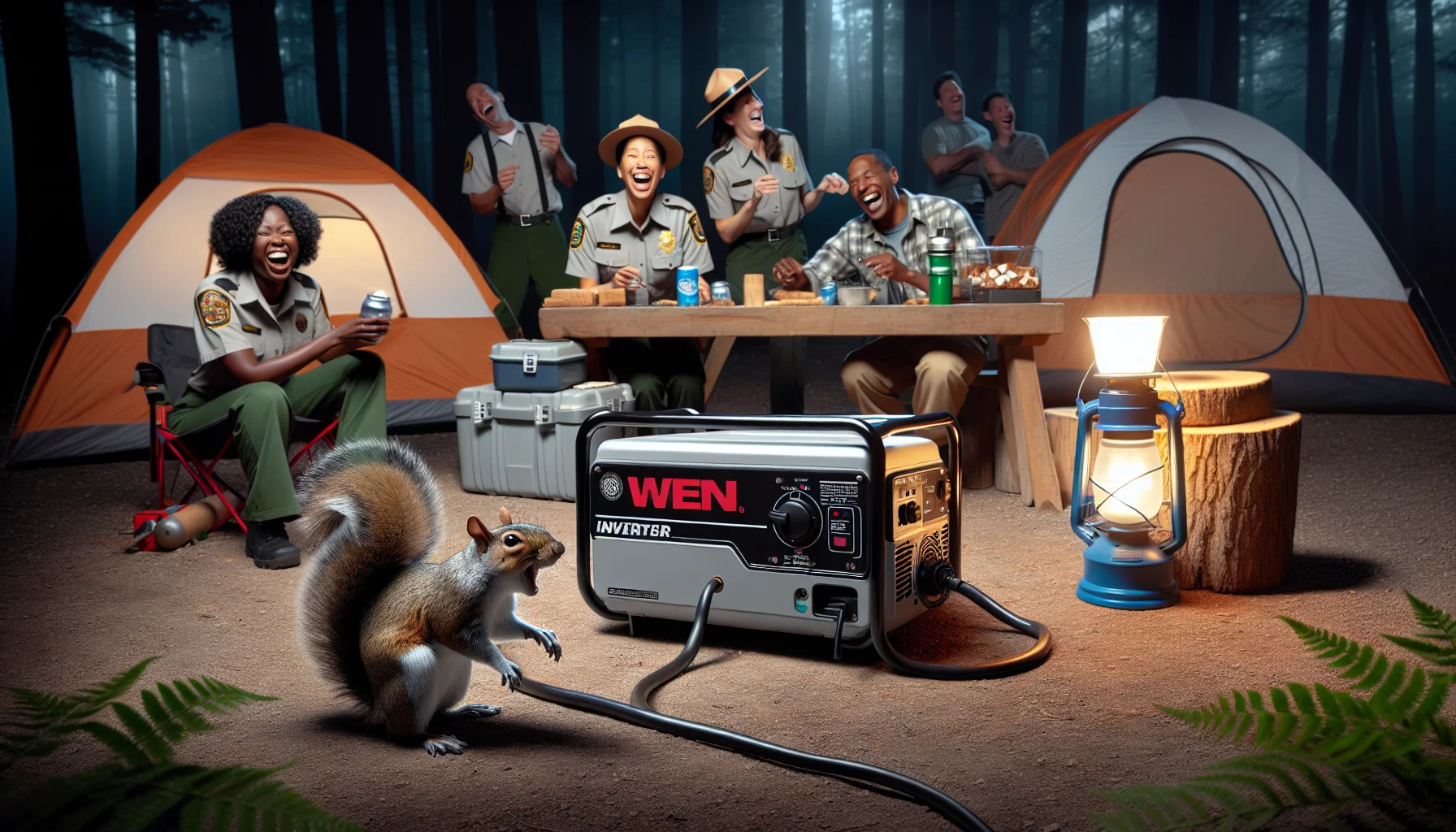 A comedic scene taking place outdoors in a campsite. A WEN Inverter Generator is sitting amongst camping equipment and a couple of tents. A squirrel is photographed attempting to interact with it, perhaps trying to operate the generator. Additional onlookers might include a black female park ranger in uniform chuckling at the scene, and a Hispanic male camper in the background, laughing while roasting marshmallows. All around them, there's a darkness signalling a blackout, emphasized with the only light source coming from a lantern placed near the generator, signifying the essential need for electricity.