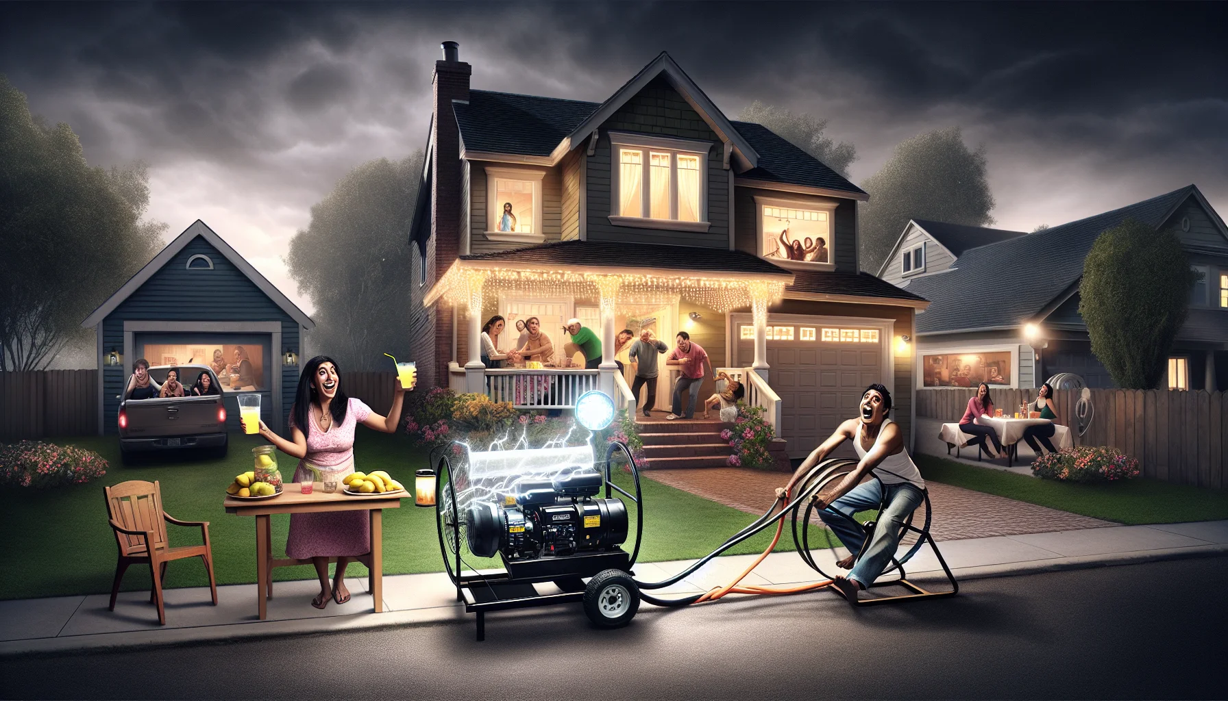 Generate a humorous and realistic image that makes power issues entertaining. Picture a suburban neighborhood with a row of houses. Each house is in darkness due to a power cut, with the exception of one house, radiating light and activity. A South Asian woman is at the front of this brightly lit house, cheerfully serving lemonade. A Middle-Eastern man is energetically running on a large, oversized hamster wheel that's connected to a whole-house generator. The generator is humorously emitting sparks, powering not only the house but also a vibrant disco ball hanging from a tree. The rest of the neighborhood is looking over in envy and amusement.