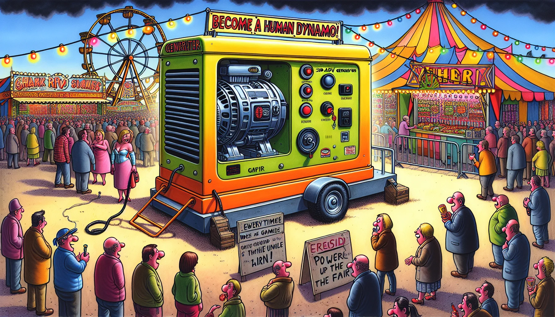 Picture a fairground scene where a 30 amp RV generator has unexpectedly become the star of the show. Instead of the usual rides and games, people of all descents and genders, are standing in line, some chuckling, some wide-eyed, eager to turn the generator's lever. The generator, oversized and cartoonish, vibrant in colour, is nestled in the center of the park. Every time it runs, lights strung around the fairground come alive, illuminating the area in a technicolor glow. A sign stands beside it wittily reads 'Become a Human Dynamo! Power up the Fair.'