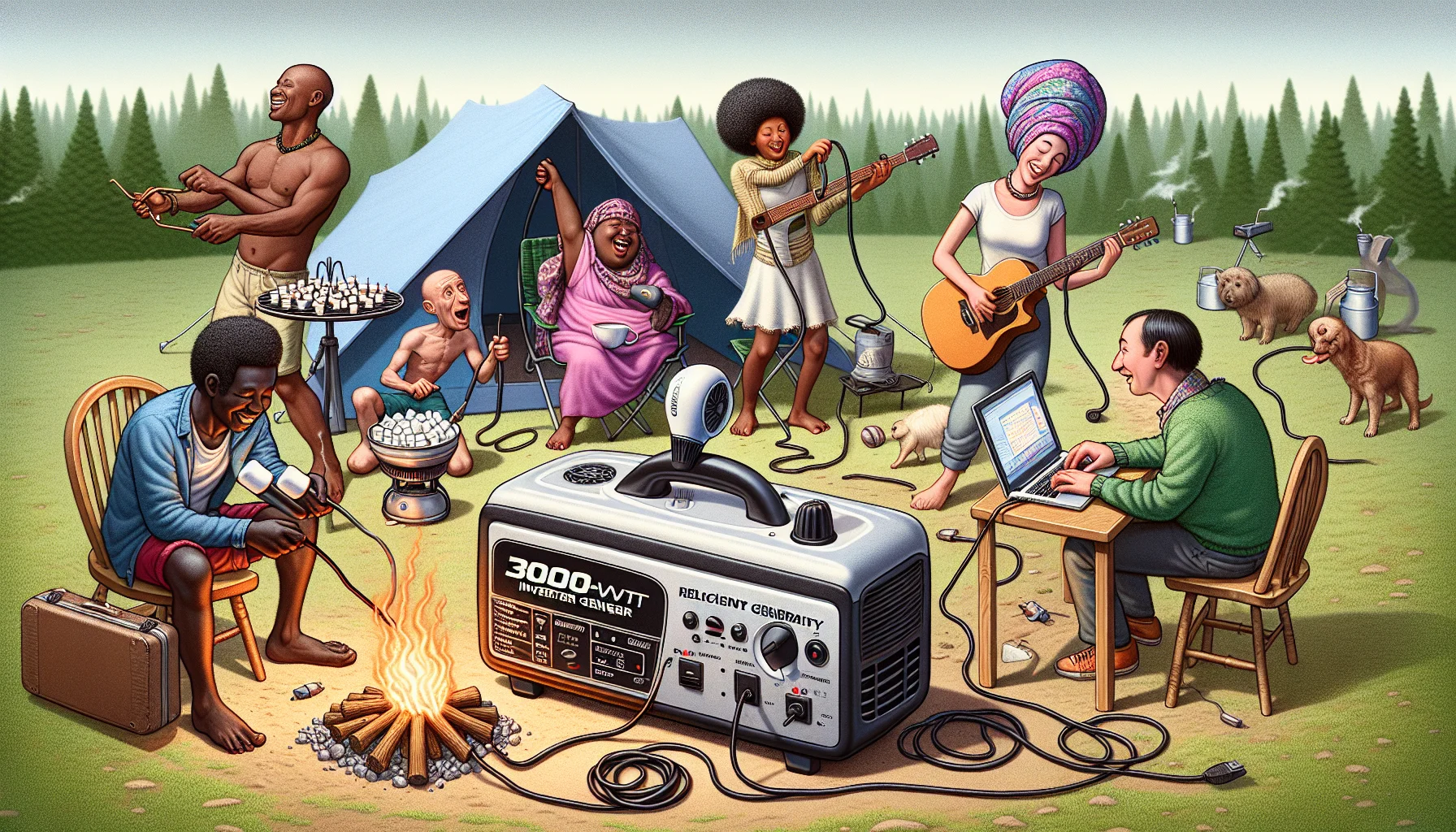 Create a humorous scenario that captures the importance of generating your own electricity. Imagine a group of diverse individuals around a resilient 3000-watt inverter generator in a campsite. An African man is roasting marshmallows over it, an East Asian woman is drying her hair with a hairdryer powered by it, a Middle-Eastern man is charging his electric guitar and lastly, a Caucasian woman is powering her giant desktop computer all from the small yet powerful generator, making it look absurd yet highlighting its strong capabilities.