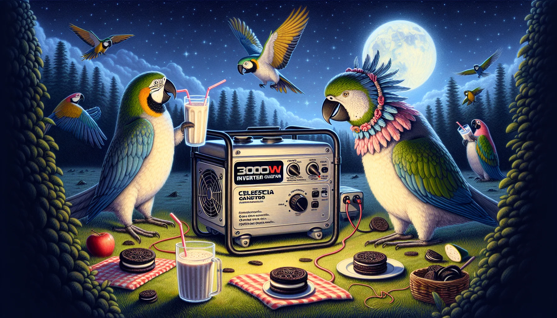 Create an engaging and humorous image showcasing a 3000w inverter generator. Picture this unfolding scene: a group of Celestial Parrots have brought their Oreo milkshakes to a moonlit, open field picnic. Unexpectedly, the celestial radio player goes quiet. One of the parrots waddles over to a shiny 3000w inverter generator which is as befittingly adorned with feathers as any parrot. With a funny struggle, the parrot startles the generator to life, and the celestial radio tunes back in, playing melodic tunes. The scene is painted in mirthful light, subtly making a note of the power in generating one's own electricity.