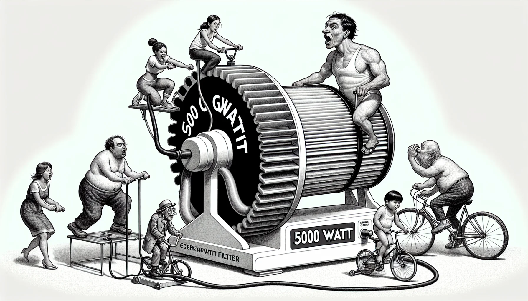 Depict a humourously exaggerated setup featuring a 5000 Watt Filter. Visualize a scenario where a group of diverse individuals are using unexpected, non-traditional ways of generating electricity to power the filter. For example, a Hispanic man could be on a hamster-wheel style treadmill, a Caucasian woman might be pedaling furiously on a bicycle, and a Middle-Eastern child might be turning a giant hand-crank. All their efforts should funnel into the filter, and be sure to convey the fun and laughter surrounding this unusual energy generation session.
