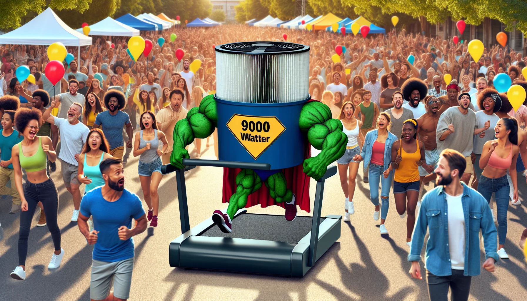 Generate a vibrant and visually appealing image where a 9000 Watt filter is personified in a humorous situation. Let's imagine this filter as a muscular character wearing a superhero costume, creatively playing with a treadmill to generate electricity. Around the filter, depict an enthusiastic crowd comprising of diverse individuals of different genders and descents such as Caucasian, Black, Hispanic, Middle-Eastern, and South-Asian, all amazed and inspired by the 'Power Filter's' unique capability of generating electricity. The scene should be set outdoors during the day, rending a lively and eco-friendly fair atmosphere.