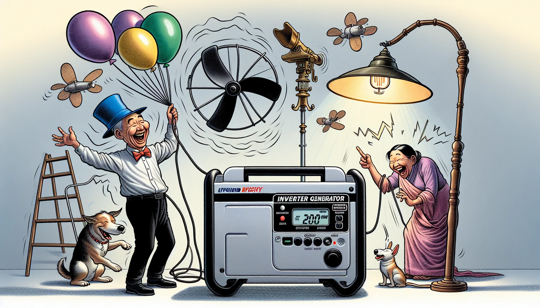 Illustrate a humorous scene showcasing a robust 2000 watt inverter generator. It's silver and modern, with a digital display showing its output. The generator is merrily powering several unexpected items such as a couple of colorful bouncing balloons, an efficient, super-sized electric fan that's making a dog's ears flap comically in the wind, and an antique, brass-plated floor lamp illogically lighting up the daytime surroundings. A jovial East Asian man with a tall blue hat stands near, chuckling while pointing at the generator. A South Asian woman is laughing heartily at the bizarre, yet efficient scene, appealing to people the delight and practicality of generating their own electricity.