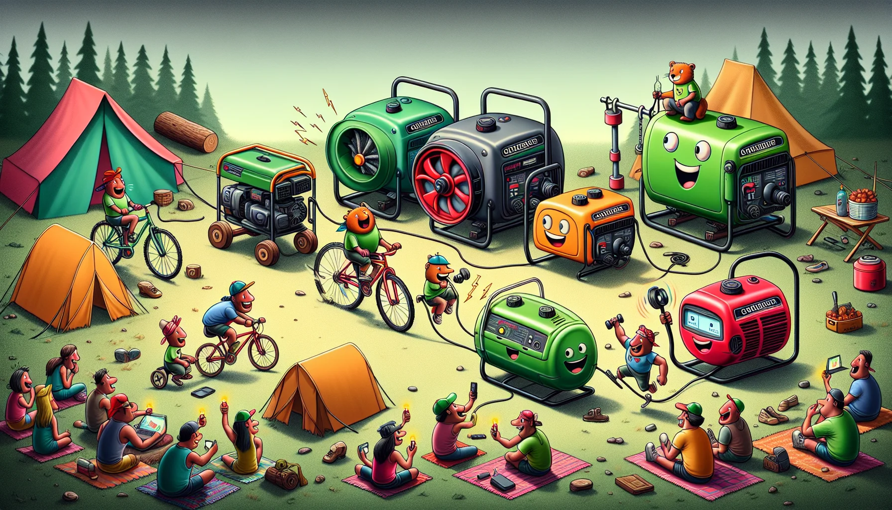 Imagine a humorous scene set in an outdoor camping site. The main focus of the scene is a line-up of six portable generators. Each is distinct in color and shape, from dark green to vibrant red. To add fun to the scene, each generator is depicted as a 'character' with a friendly face and cartoon-like arms. They are happily performing amusing actions to generate electricity. One is pedaling a bicycle, another is turning a large hamster wheel, and a third one is mockingly lifting weights. Around them, a group of diverse campers are laughing and pointing at the hilarious display, having their devices light up from generated electricity.