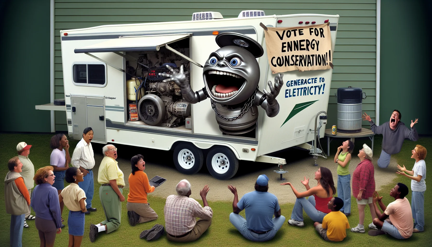 Create a humorous image that encapsulates the following scenario: a built-in RV generator has somehow become sentient and is humorously attempting to persuade people to generate electricity. It is gesticulating dramatically, mouthing off persuasive speeches, and even has a makeshift 'Vote for Energy Conservation!' banner draped across its metallic exterior. Its physical ensemble reflects caricature personification with exaggerated features including expressive eyes, gesturing arms, and a resolute mouth. Around it, a crowd of diverse people - Black woman mechanic, elderly white man, South Asian teenage boy, Hispanic woman RVer - are watching in a mixture of amusement and fascination.