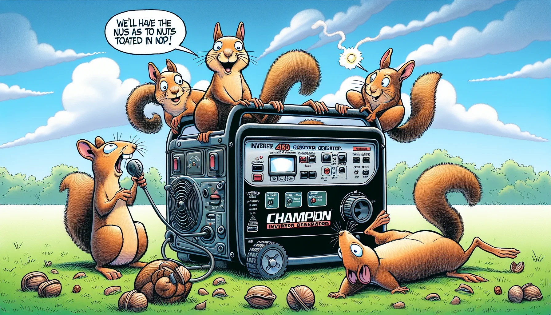 Illustrate a humorous scene involving a Champion 4500 Inverter Generator. Set the scene outdoors with a clear blue sky overhead and the generator stationed on lush green grass. A group of squirrels, each characteristically different in appearance, are huddled around the generator. One curious squirrel is peeking through the control panel, another is trying to climb onto it, and a third squirrel, donning a pair of sunglasses, is lounging leisurely beside it. A speech bubble from the lounging squirrel reads, 'We'll have the nuts toasted in no time!' The scene should evoke a playful and entertaining mood enticing people about the prospect of generating electricity.