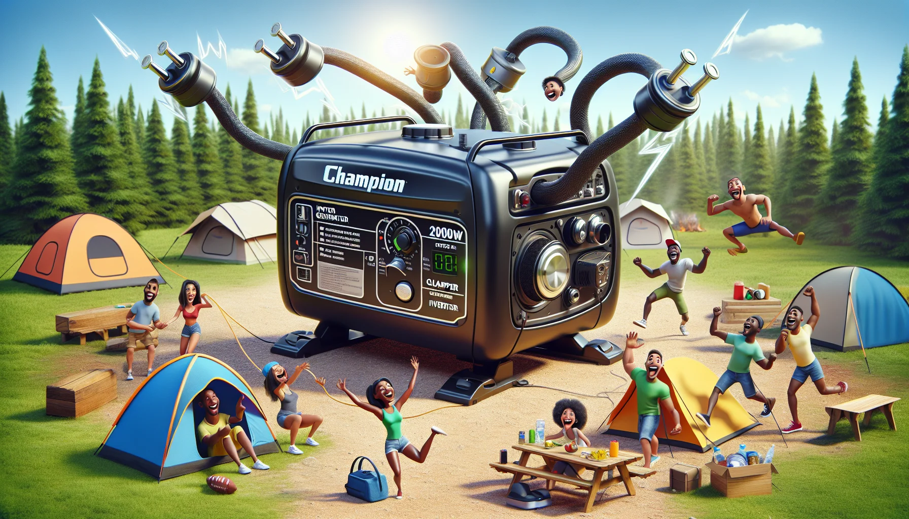 Create a visually amusing scenario featuring a Champion 2000W Inverter Generator. It is the center of attraction, humorously designed with exaggerated proportions indicating its power, like extremely large exhaust vents and oversized power dials. The generator is placed outdoors in a bright, sunny campsite. Around the generator, animated power lines are humorously chasing after camping equipment to provide them power. Nearby, a group of eager people - Black woman, Hispanic man, Middle Eastern woman and a South Asian man - is laughing and cheering on the lively scene. All of them are eagerly waiting to use the generator.