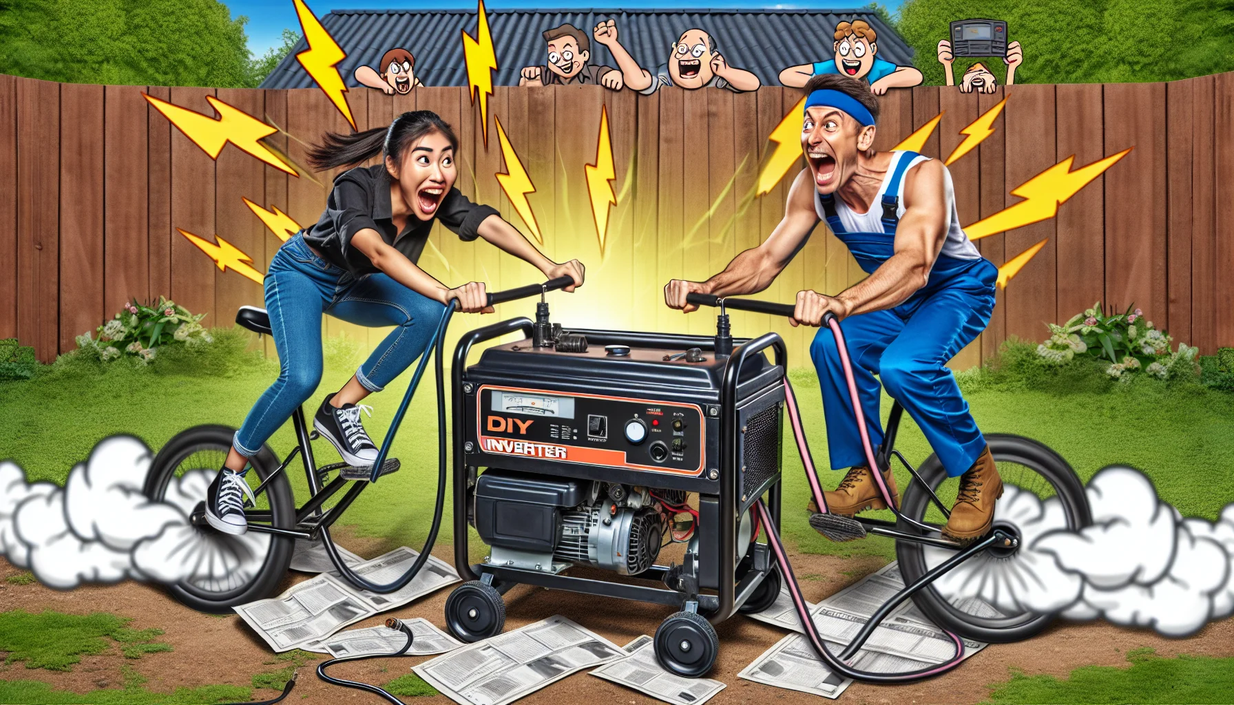 Create an energetic and amusing image of a DIY inverter generator being manually powered by a Caucasian man and an Asian woman, both in work attire, unbeatable in their joy. They are pushing pedals on either side of the generator as if it is a cycle, generating electricity. Sparks of electricity are humorously styled like cartoon lightning bolts flying out from the cables. Scattered around the generator are saved electricity bills, their covers designed like comical expressions. The background is a typical suburban yard, green and sunny, with locals peeping over the fence, their faces filled with amazement and laughter.