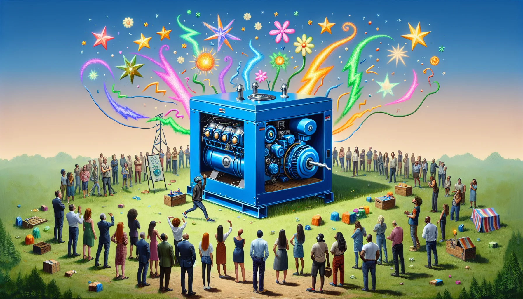 Create a whimsical scene with a variety of generators situated in an open field. The biggest generator, painted royal blue, has a shiny silver key in its ignition and is sending colourful sparks of electricity that form playful shapes like flowers and stars. Crowd of people standing by of diverse desents including Caucasian, Black, and Middle-Eastern, and of various genders, all shown reacting with excitement and awe at the sight. A bright sign in the corner reads 'Feel the Power!'