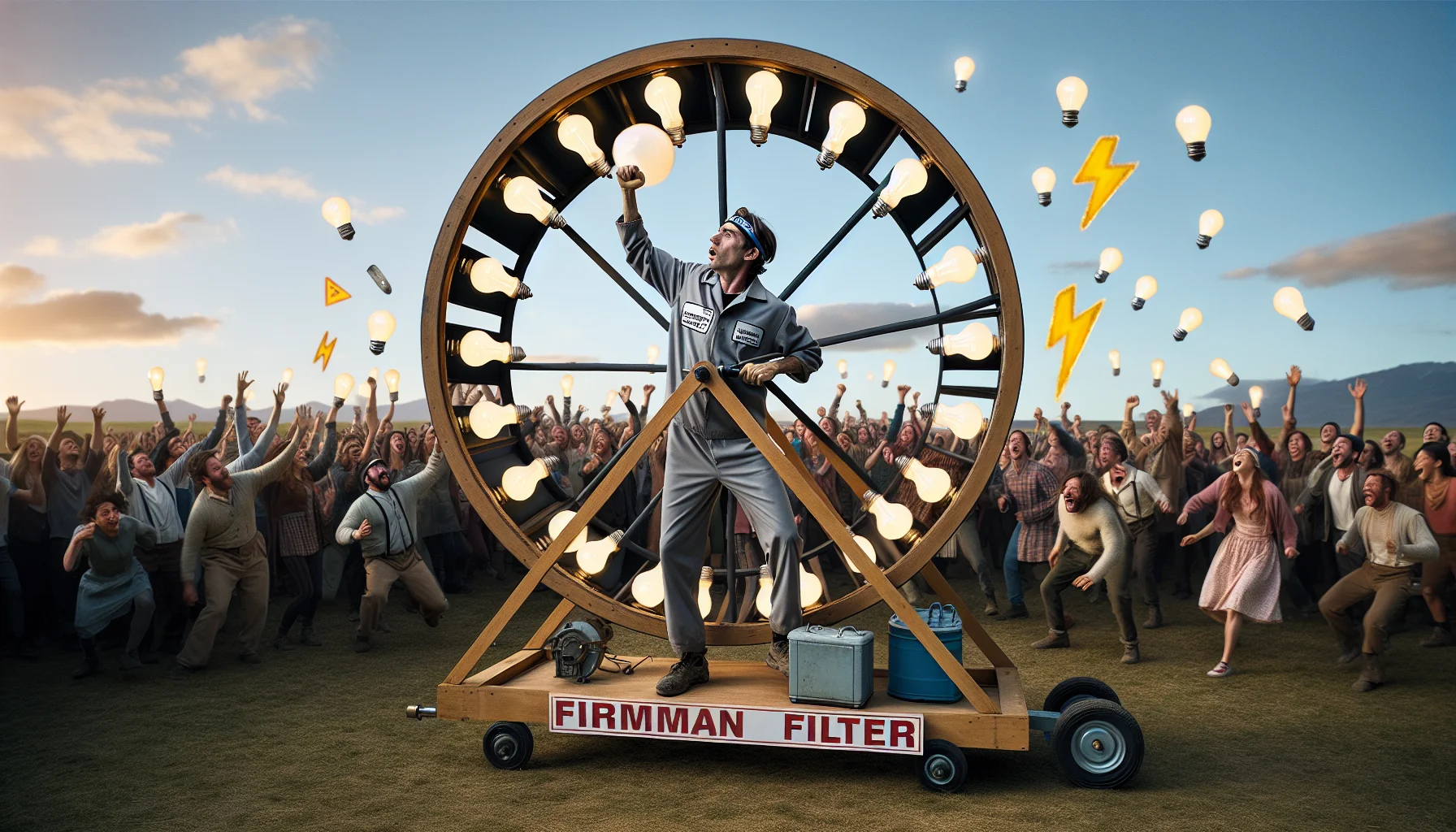 Create a playful and engaging scene featuring a man of unknown descent dressed as a service technician labelled 'Firman Filter'. He's performing a humorous act of cranking a giant hamster wheel with light bulbs attached, all lit up, symbolizing the generation of electricity. The setting is an open field during the daytime with a small audience of mixed gender and various descents laughing and cheering. Symbols of electricity, like sparkles and lightning bolts, add a touch of magic, highlighting the fun-filled and positive nature of generating power.