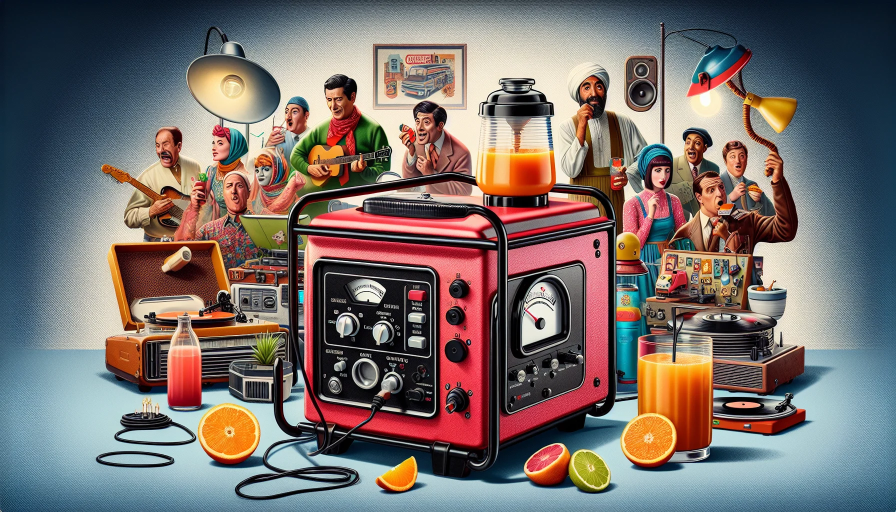 Create a playful and engaging image showing an amusing scenario centered around the use of a home generator. In the forefront, there is a generic home-style electricity generator. The generator has a vibrant red casing with black accents, and control buttons arranged neatly. It is busily powering up an assortment of eccentric devices like a brightly colored electric juicer squeezing fresh oranges, a classic vinyl record player spinning a favorite oldie, and a vintage lamp casting a warm, inviting glow. Nearby, there's a group of diverse people; a Caucasian man, a Middle-Eastern woman, and a South-Asian teenager, each looking at the generator with amusement and surprised expressions as they realize its potential. The backdrop should have a lighthearted tone suggesting the fun aspect of producing your own electricity.