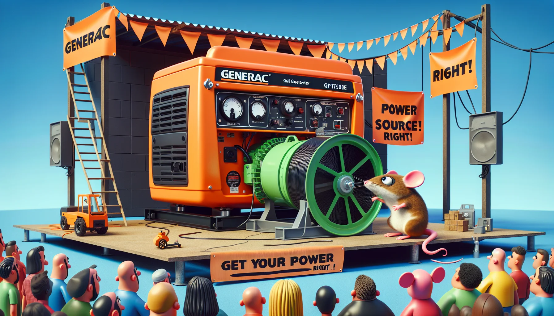 Create a comical scenario featuring a generic large power generator, similar to the style of the Generac GP17500E. In this funny scene, the hefty generator, painted in bright orange, is humorously compared with a small mouse on a wheel, attempting to generate electricity. Both devices are set against an animated crowd of different DESCENT and GENDER watching in mild shock but humor with a banner overhead stating 'Get your power source right!'