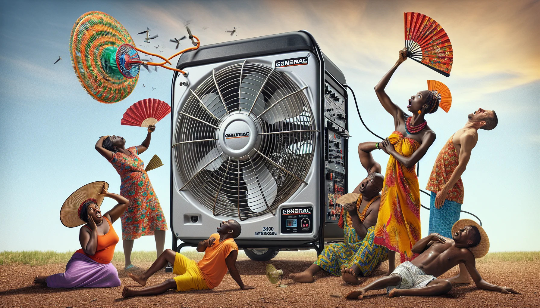 Create a humorous, realistic image featuring a Generac iX2000 inverter generator. The generator is at the centre of the scene, powering a hugely oversized retro desk fan in an open field. Nearby, a confused group of people, consisting of two African women, an Asian man, and a Caucasian man, all dressed in brightly coloured summer clothes, are fanning themselves with hand fans and looking at the gargantuan fan in astonishment. The image should cleverly engage the viewer, making them consider the potential of generating their own electricity in a fun and unique way.
