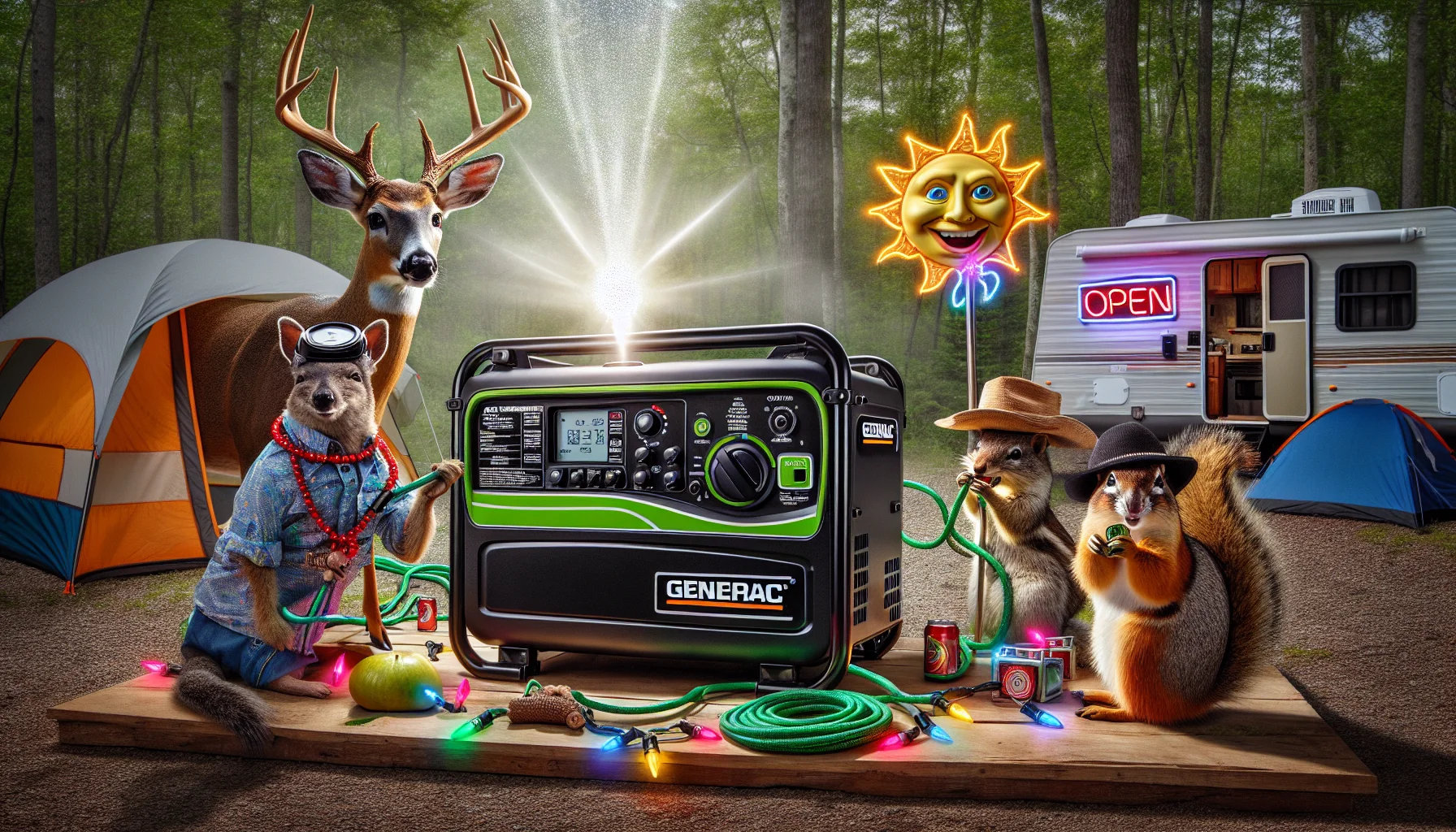 Generate a humorous and enticing image featuring a Generac RV generator. Set in a rustic camping ground, the generator is surrounded by woodland creatures: a deer wearing a miner's hat, a squirrel with a neon 'OPEN' sign, and a raccoon with a string of vibrant Christmas lights. The generator operates with a dazzling light emitting from it, suggesting it's providing power to their party in the woods. Add an anthropomorphic sun in the corner of the image, smiling and giving a thumbs up. This wacky scene effectively communicates the idea of generating your own electricity.