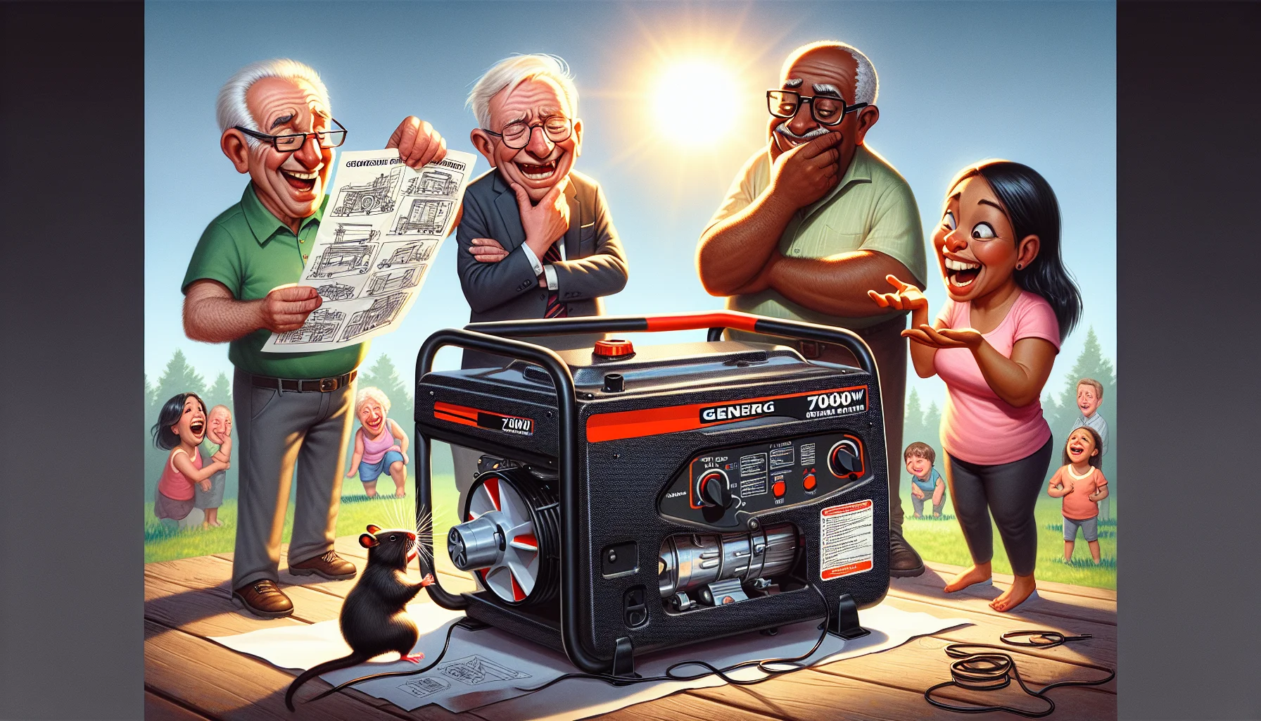 Depict a humorous scene of a generic black and red 7000-watt portable generator surrounded by a diverse group of people. Three older males, a Caucasian with a jovial expression, a South Asian with a puzzled look, and a Middle Eastern wearing glasses, are scrutinizing a convoluted, homemade instruction manual. An African American woman and a Hispanic woman are laughing together as they compare the huge generator with a tiny hamster running on a wheel, pretending it's their alternative power source. The sun is shining in the background and everyone is having a good time, subtly encouraging the idea of generating your own electricity.