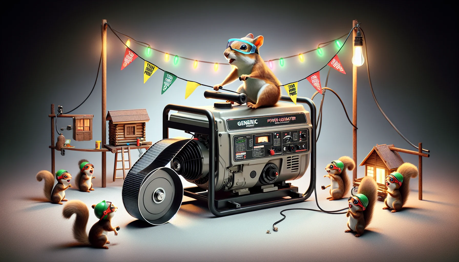 Create a humorous and realistic image showcasing a generic power generator that closely resembles the robust design of certain well-known Japanese models from the 1990s. In the comical scenario, an anthropomorphic squirrel wearing safety goggles is attempting to pedal on a circular treadmill attached to the generator, which causes a string of colorful lights draped over a miniature cabin to light up. Another group of squirrels are onlookers, cheering and holding 'Team Squirrel Power' pennants as they marvel at the makeshift electricity production.