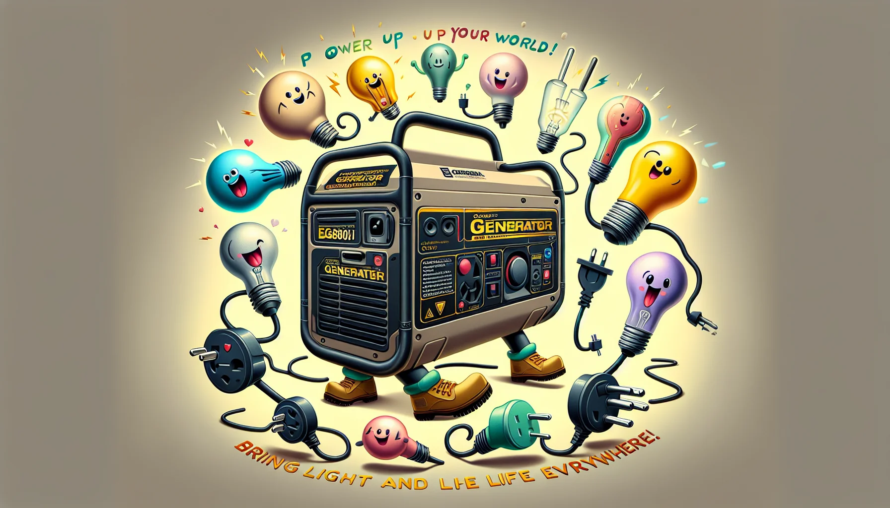 Generate an amusing and striking image of a generic portable generator modelled after the style of a EG2800i generator. It is surrounded by playful, cartoon-style light bulbs, each with their own friendly, charismatics faces. A kick line of various international power plugs, each with their unique, distinctive shapes, are dancing around the generator. The image is framed with the text 'Power up your world!' at the top and 'Bring light and life everywhere!' at the bottom, in playful, appealing, bold fonts.