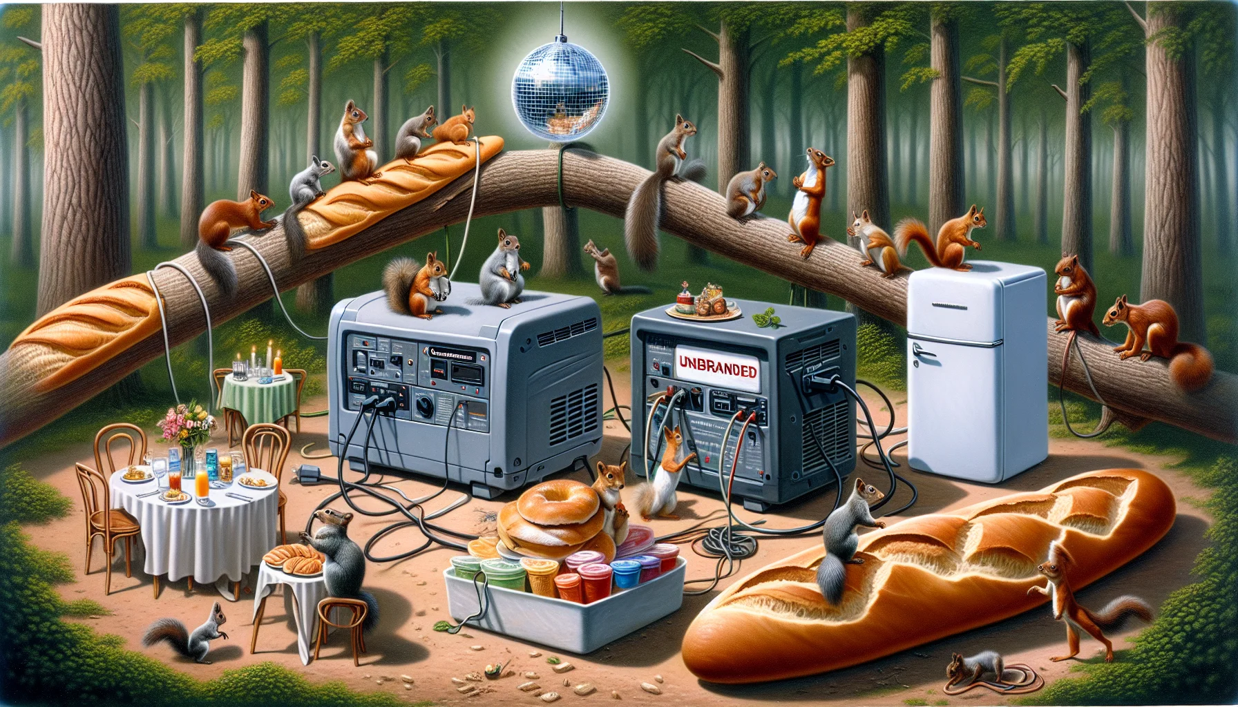 Imagine a comedic scene depicting a range of unbranded power generators as the stars of the show. Placed strategically at unusual places like on a tree branch, sandwiched between two large baguettes, or having a small wedding ceremony, these are being used to power various objects like a disco ball, a fridge full of gelato, or a vintage television set playing cartoons. The backdrop could be a forest in the daytime with animals gathered around, curiously observing the spectacle and some might even be participating, such as a squirrel disco-dancing under the ball.