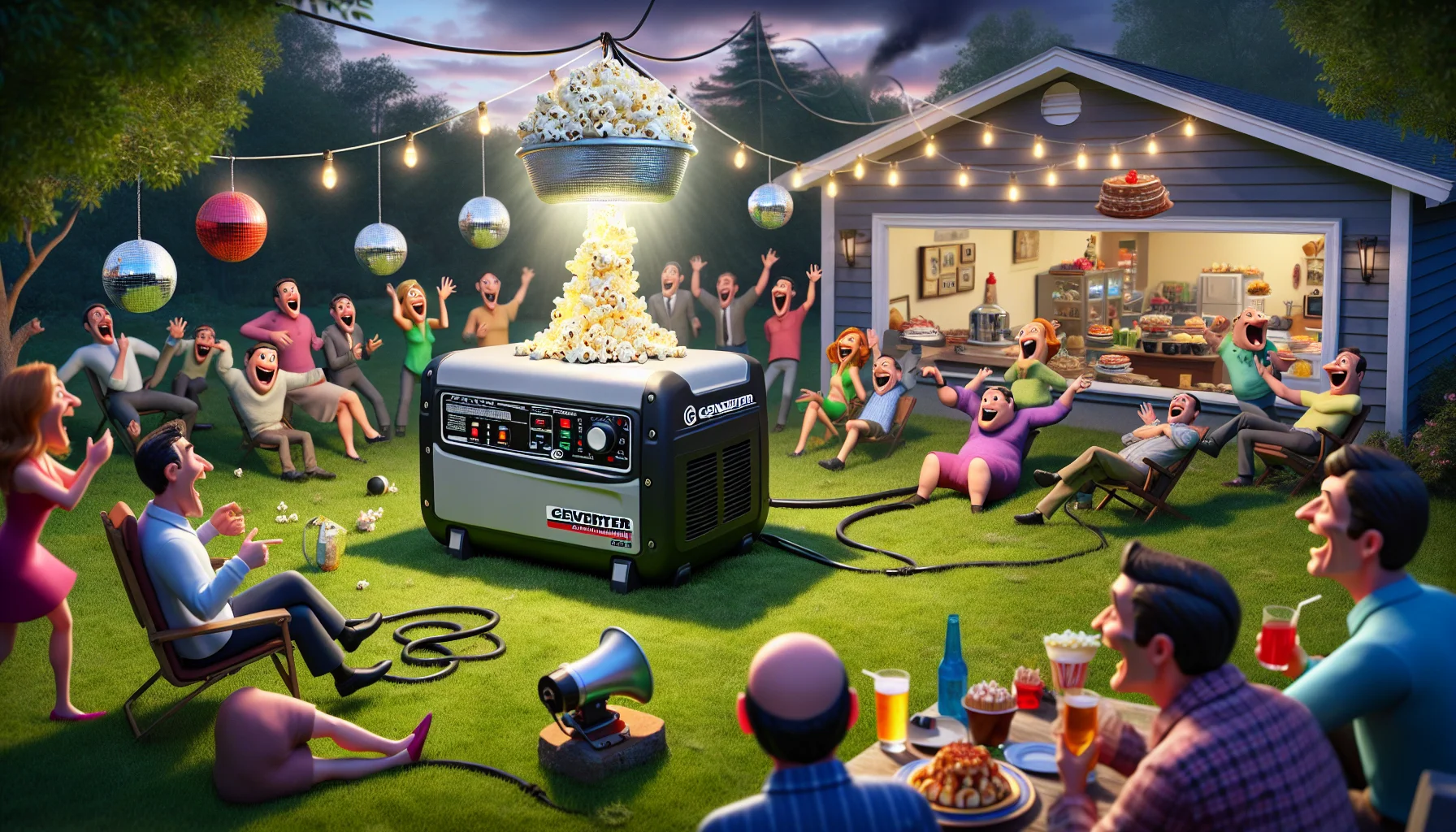 A humorous scenario at an amiable neighborhood outdoor gathering. In the center of the scene is a powerful, nondescript branded inverter generator, designed to resemble the model known typically as eu7000is. The generator, with control panel indicators glowing invitingly, is powering various funny and unexpected objects: a popcorn machine overflowing onto the lawn, a disco ball hanging from a tree branch, and a fridge filled with desserts. Bemused neighbors are laughing and pointing at the spectacle, shaking their heads in amusement. The overall effect is to suggest the lure and enchantment of generating one's own electricity.