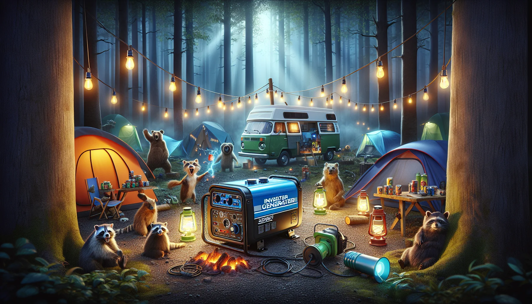 Create a humorous and captivating scene featuring an inverter generator of 3000 watt. The generator is situated in an outdoor campsite. Around it, an array of camping equipment such as lanterns, tents, and a camper van have been amusingly hooked up, all bursting in radiant colors powered by the generator. In the background, an eerie, dim forest humorously contrasts with the brightly lit campsite. To further enhance the hilarity, a group of forest animals - a bear, a raccoon, and an owl are depicted huddled around the generator, with wide-eyed expressions, seemingly in awe of the technology. The scene aims to evoke emotions of joy and amazement, promoting the idea of generating electricity even in the middle of a forest.