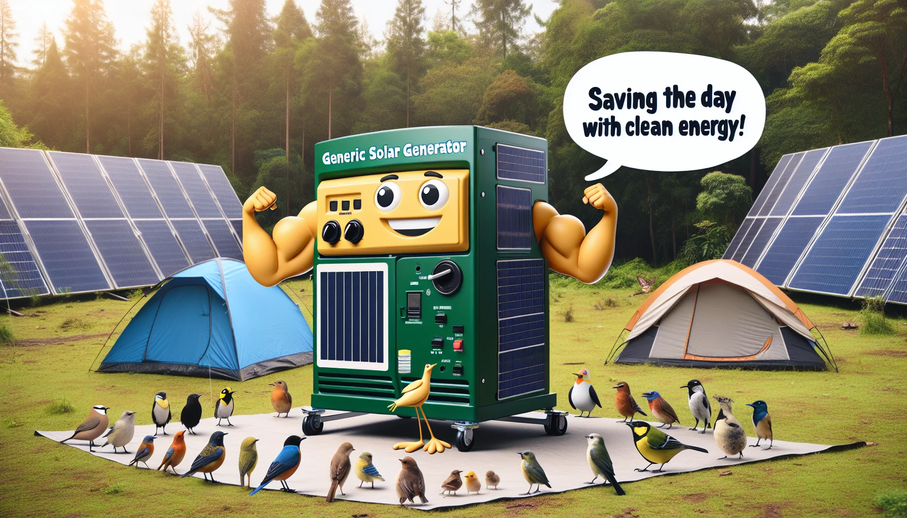 Create a humorous and eye-catching image of a generic solar generator, laid out in a daytime campsite amidst lush greenery. The equipment should be animated to express lively human-like features, perhaps with a confident smile and flexing its 'solar panels' as if they were muscles, making an impressive display to a group of variety of birds, insects, and small forest animals standing there in awe of its strength. Speech bubbles around the solar generator can say 'Saving the day with clean energy!'. This should create a fun impression that generating electricity can be environmentally friendly and practical.