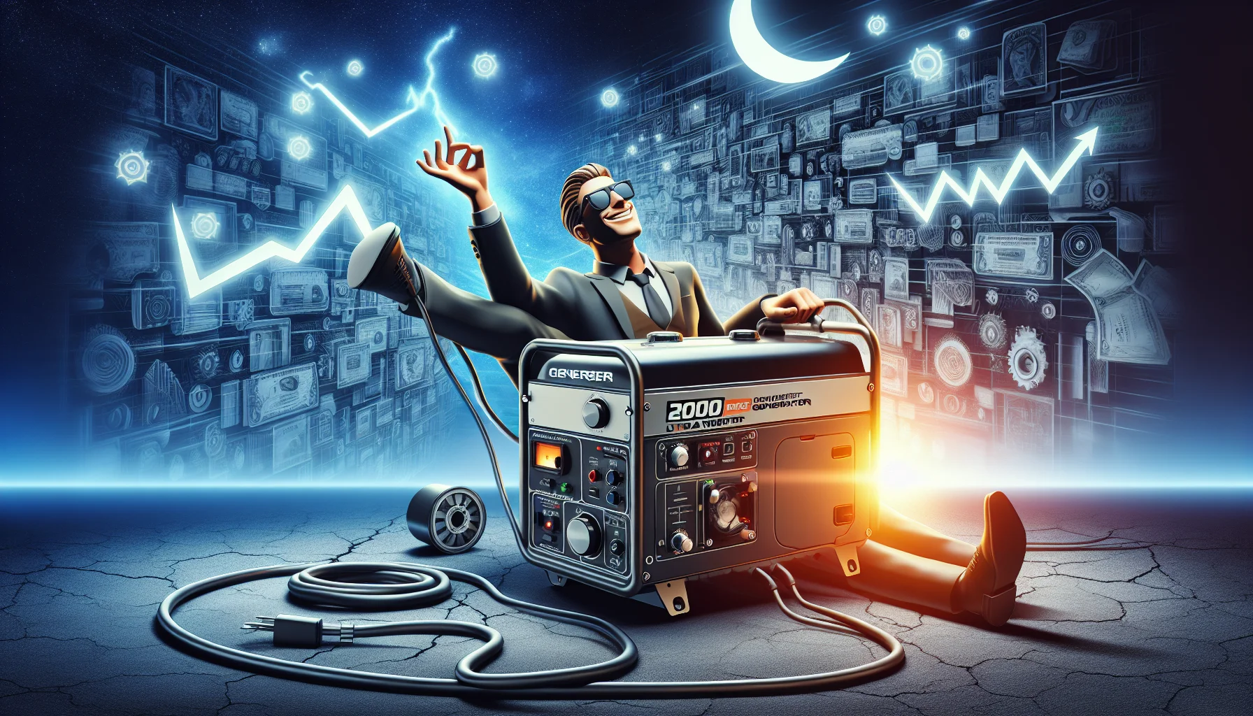 Generate a comical and imaginative image of an operator enjoying himself while using a 2000 watt ultra-silent inverter generator, the pinnacle of energy generation equipment. Around him, there's a contrast between a lack of power and the convivial atmosphere illuminated by the electricity produced by the generator. The generator itself is stylized and engrossing, with noticeable design features that showcase its power and efficiency, adding to the humor of the situation. Remember: the focus is not only on the generator but also on the amusement it brings to the user, creating an enticing proposition about generating electricity.