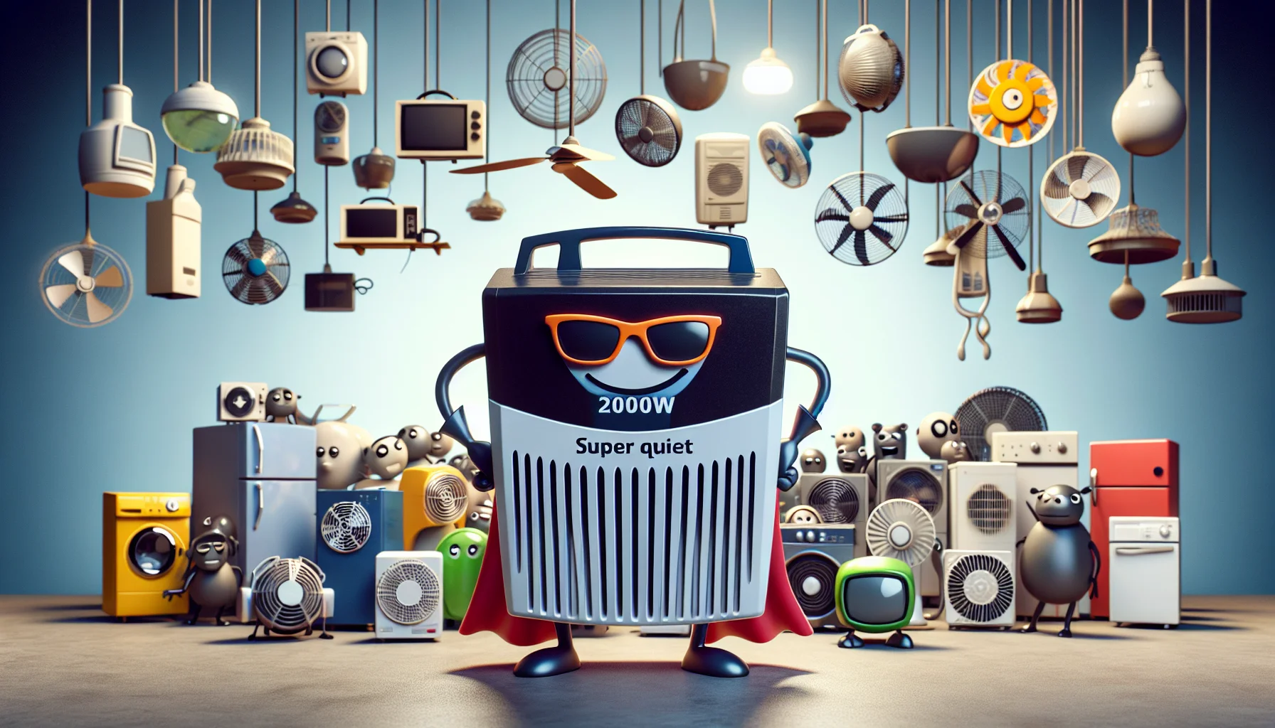 Imagine a whimsical scene centering on a generic 2000W Super Quiet Inverter, not associated with any specific brand. The inverter is comically accessorized with sunglasses and a cape, alluding to a superhero persona. It stands amidst a crowd of different domestic appliances like fridges, fans, televisions, all eager to be powered up. The appliances are anthropomorphic with comic expressions, eliciting laughter while subtly portraying their need for electricity. The inverter, appearing confident and ready, symbolizes its ability to meet their demands, thus encouraging the audience to harness electricity generation.
