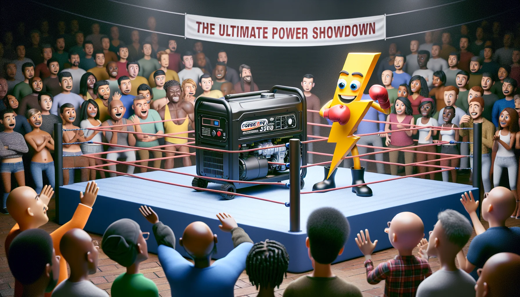 Image of a high-powered generic portable generator, labelled 'Power Pro 3500', in a humorous scenario to promote power generation. The generator is standing in a boxing ring with an anthropomorphized lightning bolt, both wearing boxing gloves. A surprised crowd of diverse onlookers, including men and women of Hispanic, Black, Middle-Eastern, South Asian and Caucasian descent, reacts to the scene. A banner over the ring says 'The Ultimate Power Showdown'. The atmosphere is both exciting and absurd, intended to make people smile and consider the benefits of generating their own electricity.