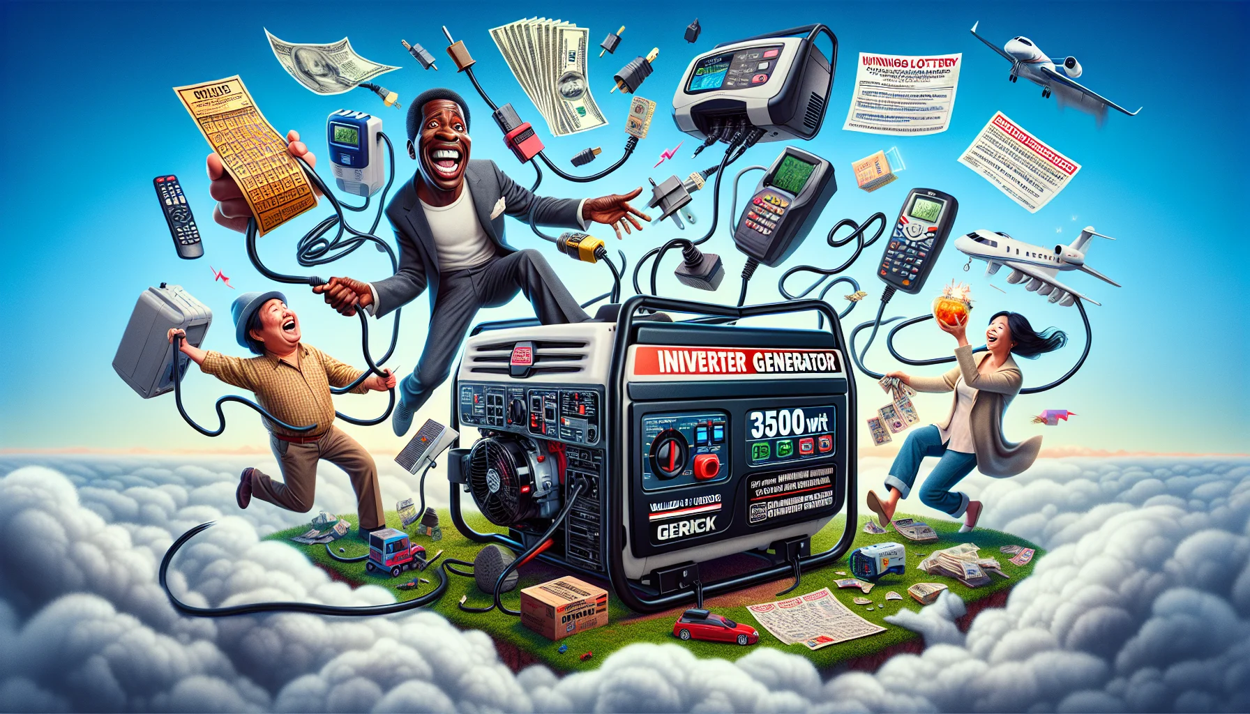 Picture a humorous setting featuring a widely-used, sturdy 3500-watt inverter generator. An African-American man, oozing charisma, and an East Asian woman, with an infectious smile, are in a comedic situation - the man is playfully struggling to plug in all sorts of domestic appliances like a massive TV and multiple game consoles into the generator, while the woman is holding winning lottery tickets and piles of written reviews praising the generator's efficiency. Above them, clouds are forming, mimicking their playful confusion. The scenario entices viewers about the limitless possibilities of generating their electricity.