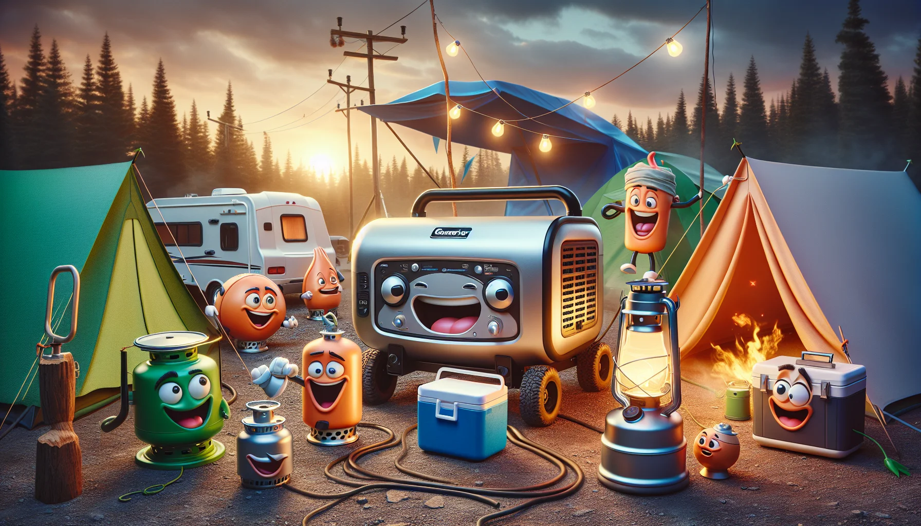 Picture a whimsical scene featuring a propane RV generator in a surreal campsite setting. The generator, donning a playful, animated face, is jubilantly producing streams of electricity. Nearby, a group of anthropomorphized common camping items, including a tent, cooler, and lantern of varied gender and descent, look on in astonishment. The lantern, cooler, and tent are laughing and cheering, their faces glowing, inciting people to generate power. The setting sun illuminates the scene, casting a warm, golden hue on everything.