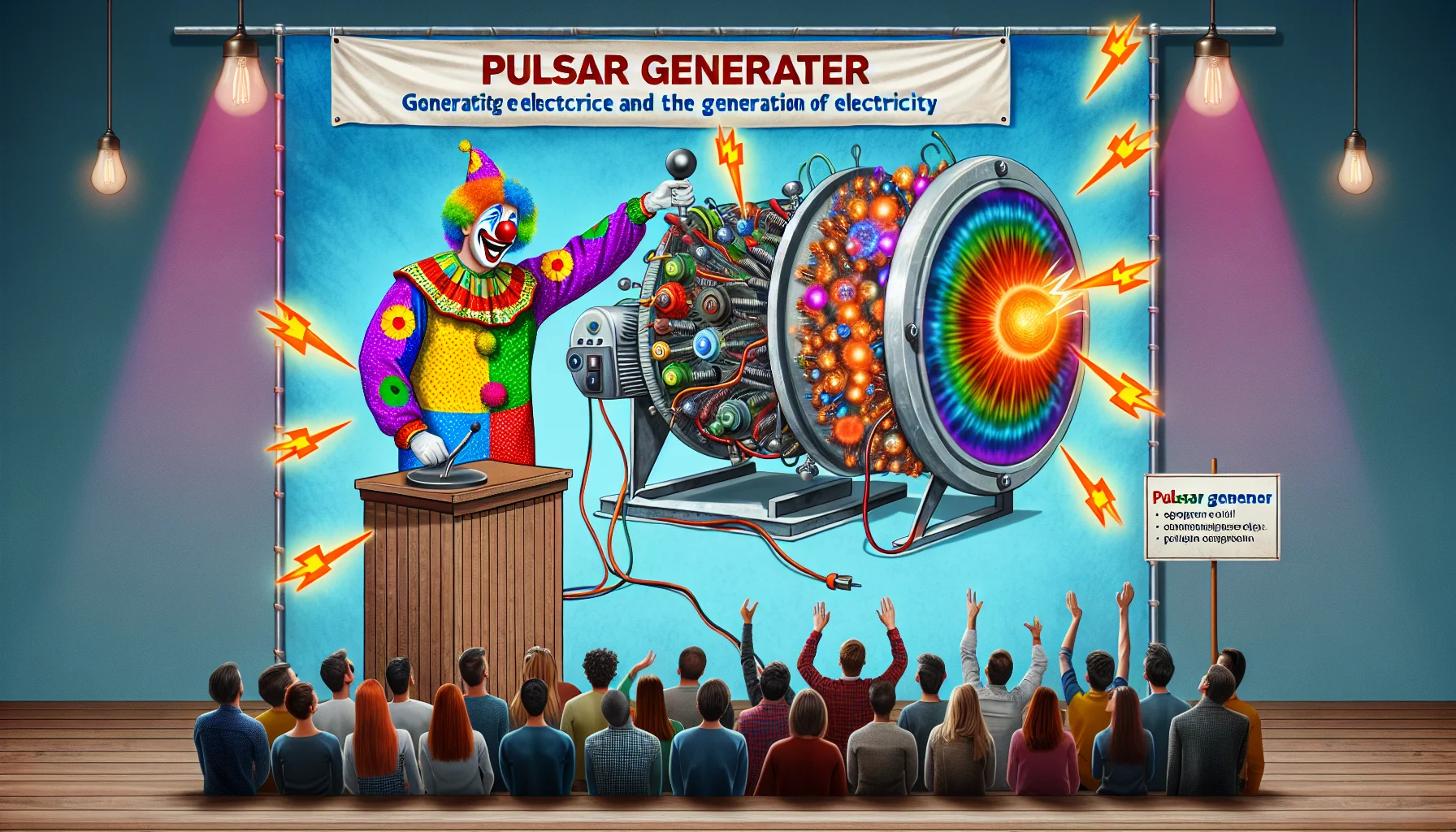 Create a humorous image displaying Pulsar Generators and the generation of electricity. Set the scene in a science fair, and have a clown as one of the participants presenting their pulsar generator. The clown wears vibrant and mismatched clothing and operates the generator using a huge, oversized switch, and the electricity generated sets off an array of colorful light bulbs. The audience, made of people from a diverse range of descents and genders, reacts with surprise, joy, and applause. Include banners promoting the idea of generating electricity using Pulsar Generators.